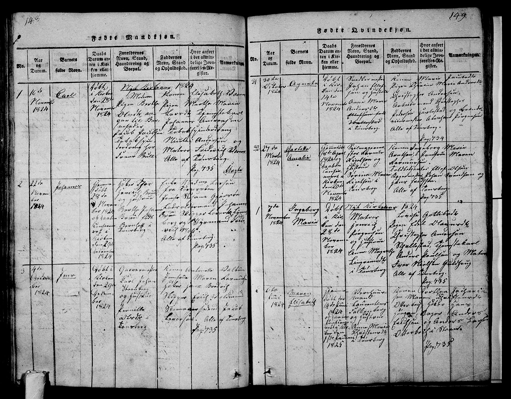 Tønsberg kirkebøker, SAKO/A-330/G/Ga/L0001: Parish register (copy) no. 1, 1813-1826, p. 148-149