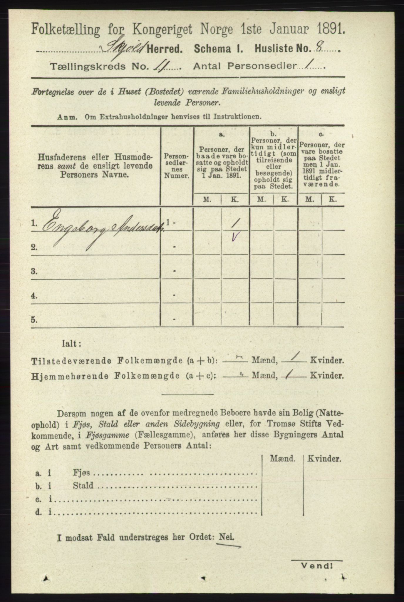 RA, 1891 census for 1154 Skjold, 1891, p. 2043