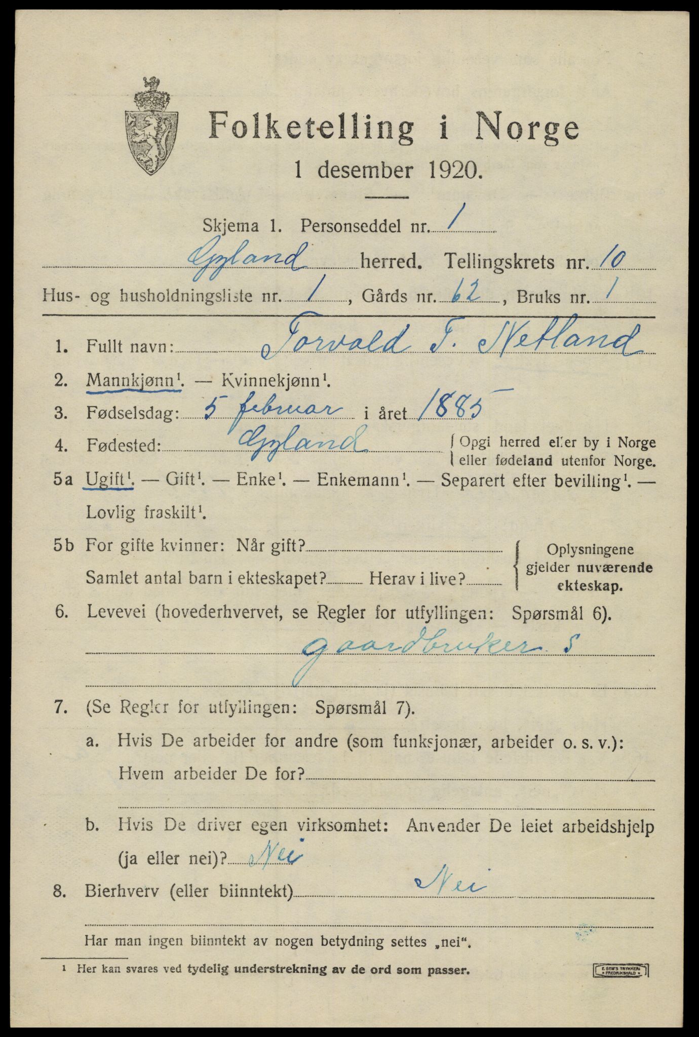 SAK, 1920 census for Gyland, 1920, p. 2172