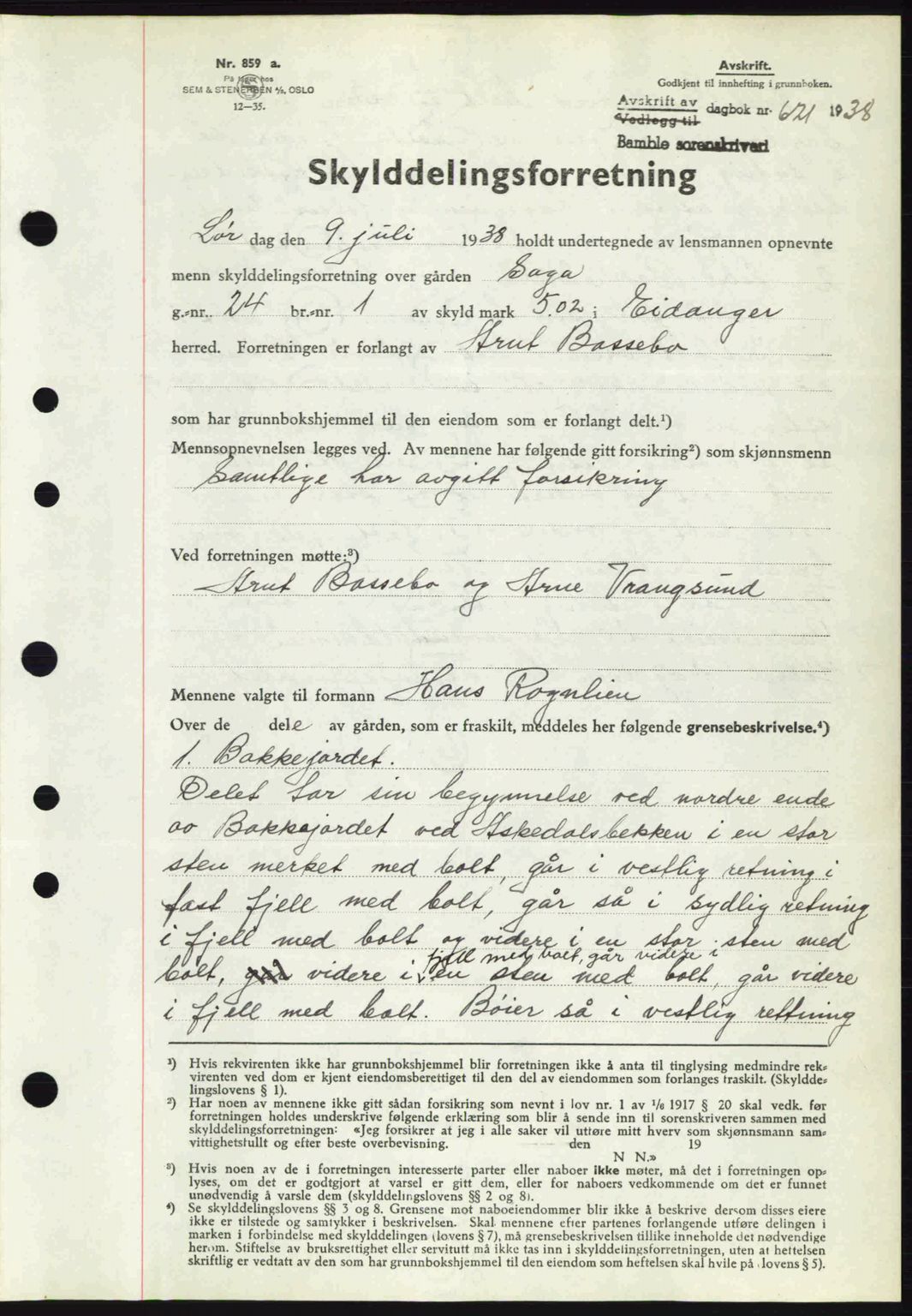 Bamble sorenskriveri, AV/SAKO-A-214/G/Ga/Gag/L0002: Mortgage book no. A-2, 1937-1938, Diary no: : 621/1938