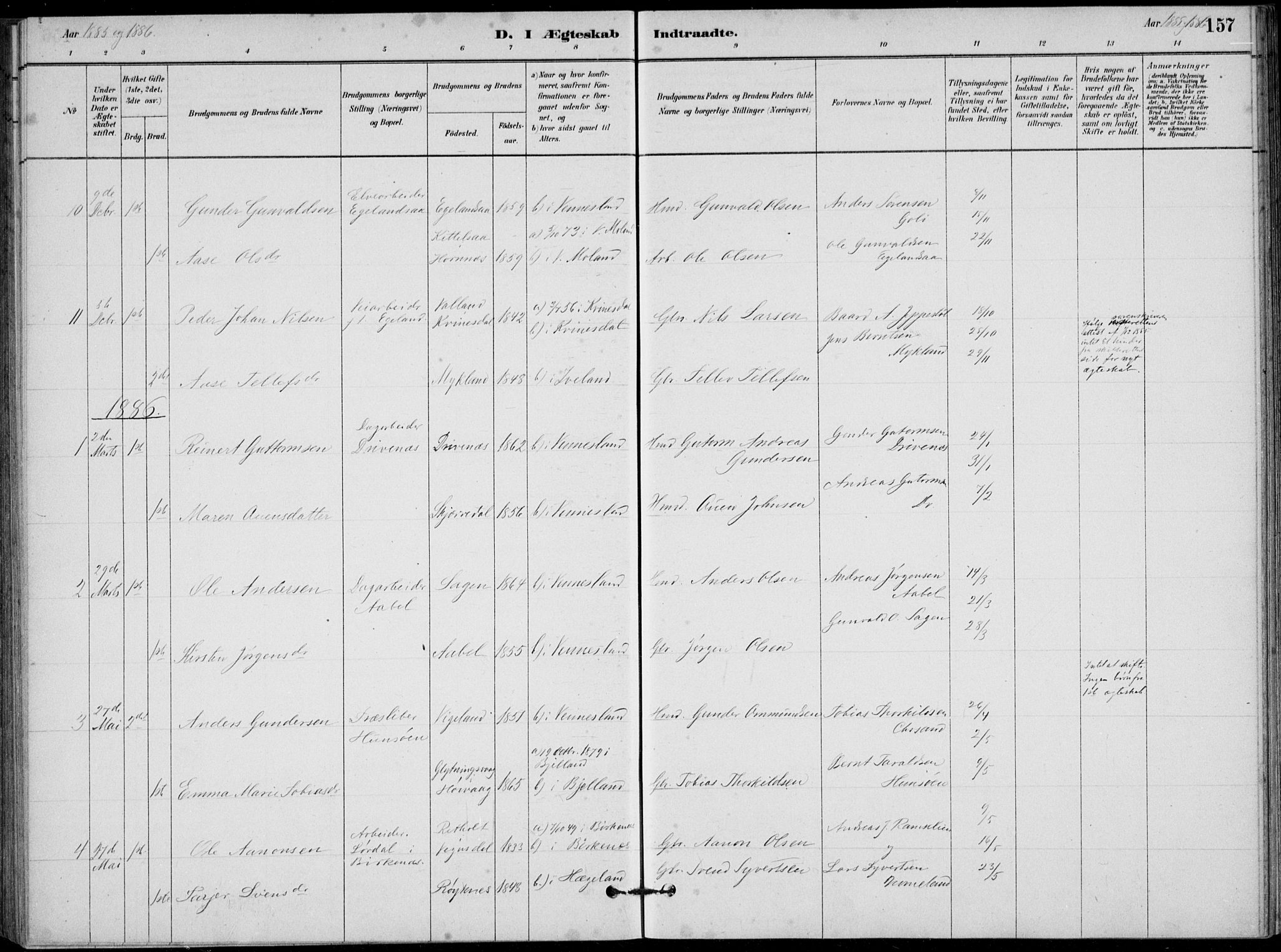 Vennesla sokneprestkontor, AV/SAK-1111-0045/Fb/Fbb/L0003: Parish register (copy) no. B 3, 1879-1893, p. 157