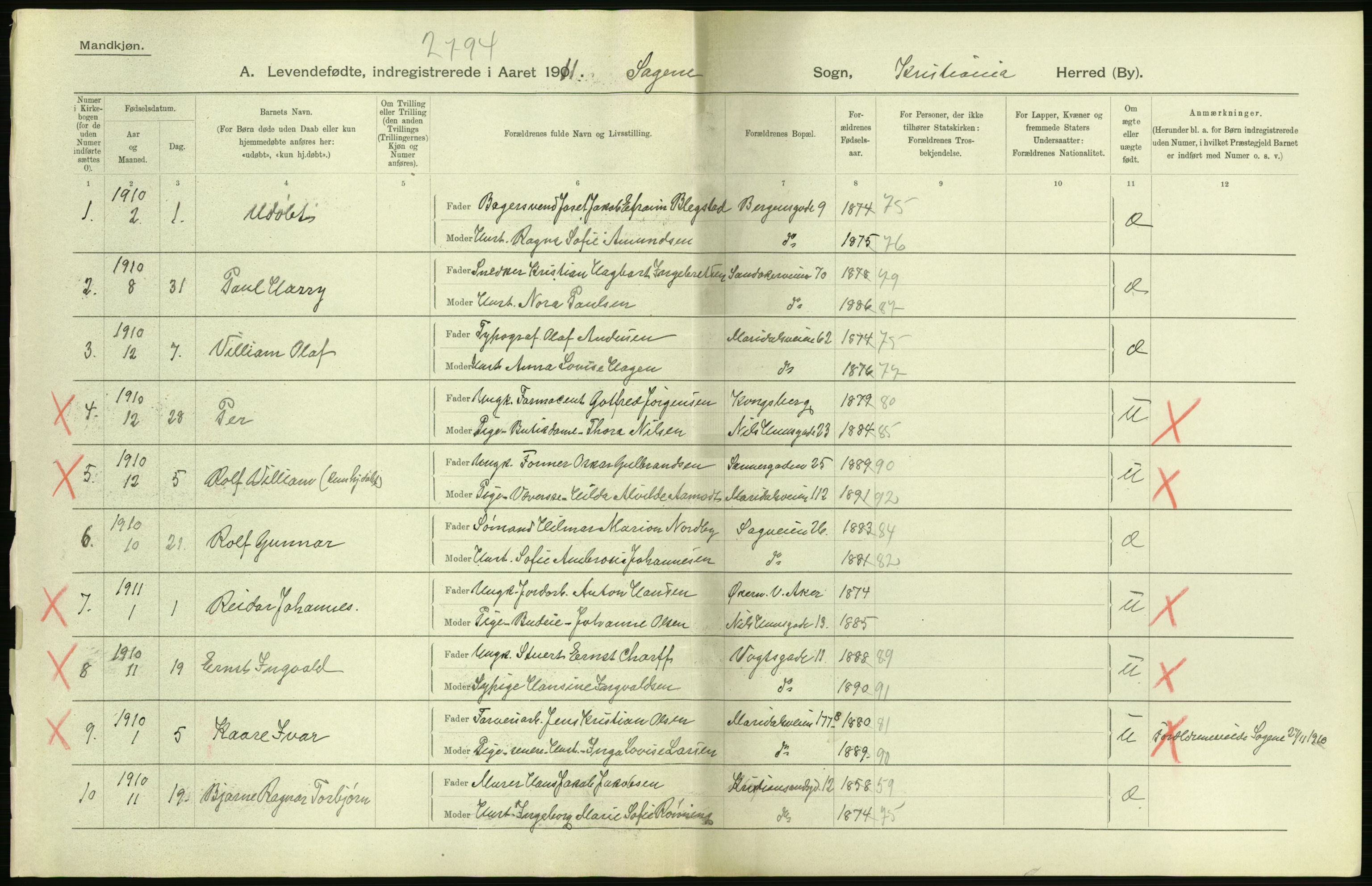 Statistisk sentralbyrå, Sosiodemografiske emner, Befolkning, AV/RA-S-2228/D/Df/Dfb/Dfba/L0006: Kristiania: Levendefødte menn., 1911, p. 270