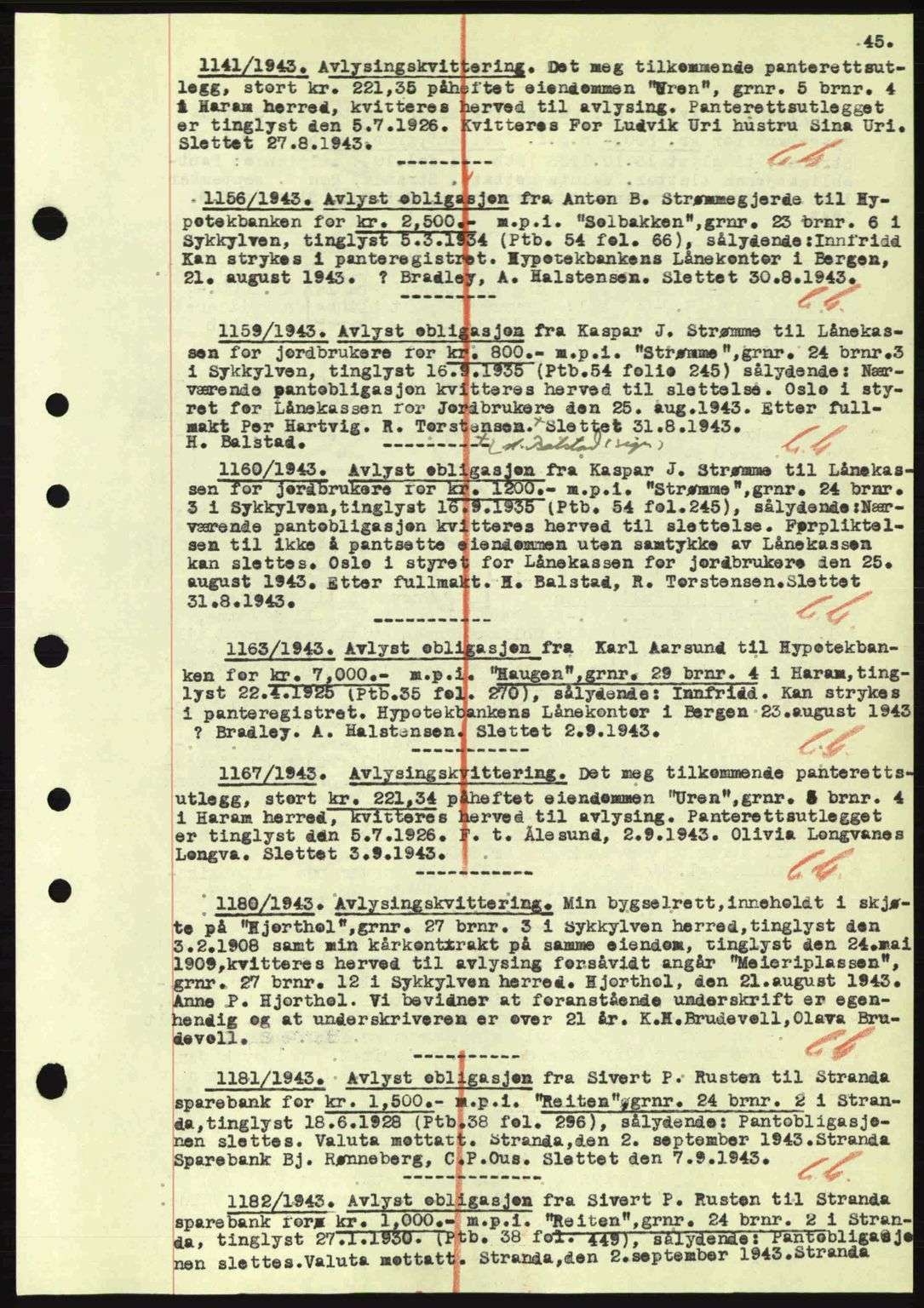 Nordre Sunnmøre sorenskriveri, SAT/A-0006/1/2/2C/2Ca: Mortgage book no. B1-6, 1938-1942, Diary no: : 1141/1943
