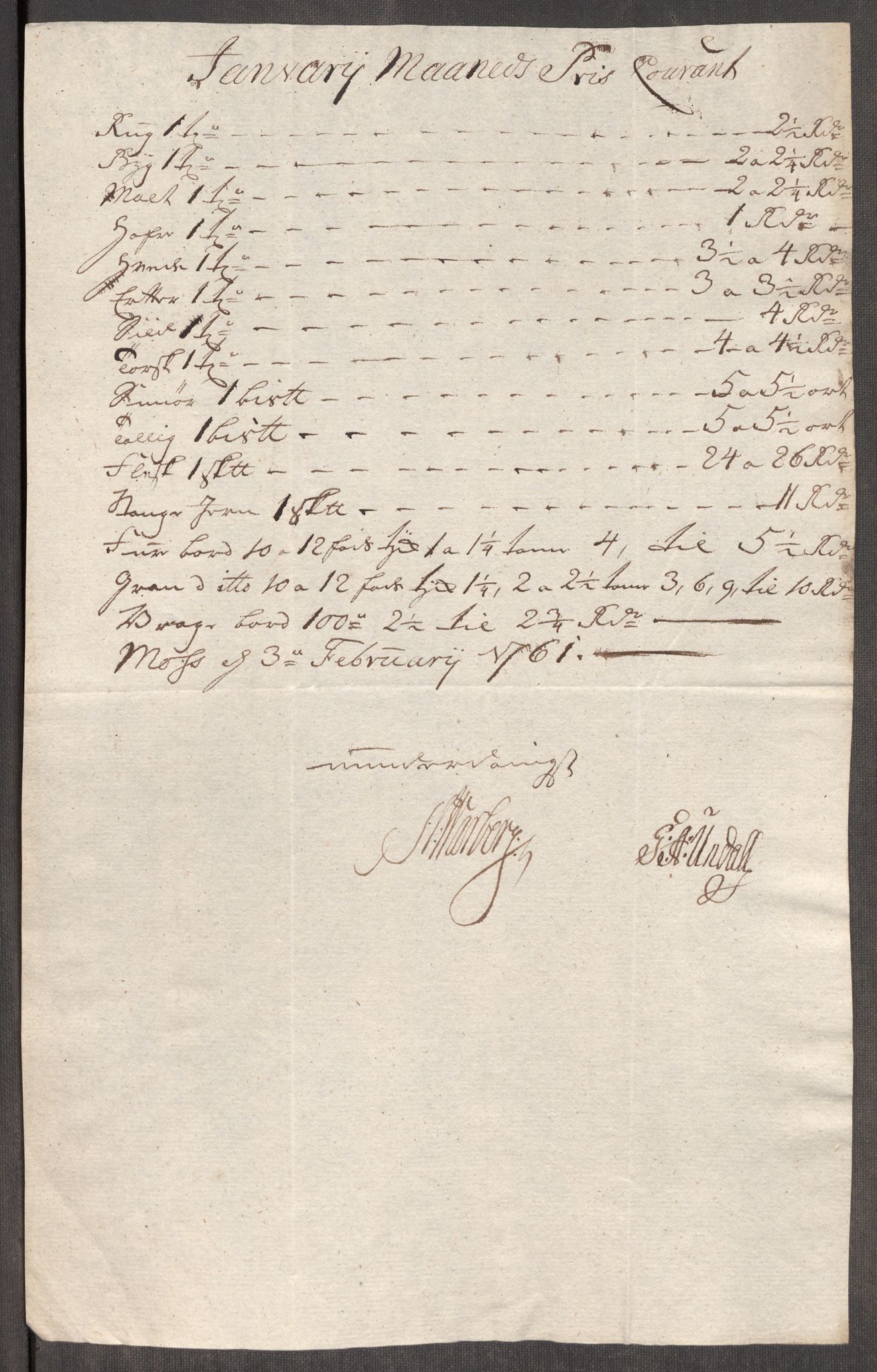 Rentekammeret inntil 1814, Realistisk ordnet avdeling, AV/RA-EA-4070/Oe/L0007: [Ø1]: Priskuranter, 1761-1763, p. 64