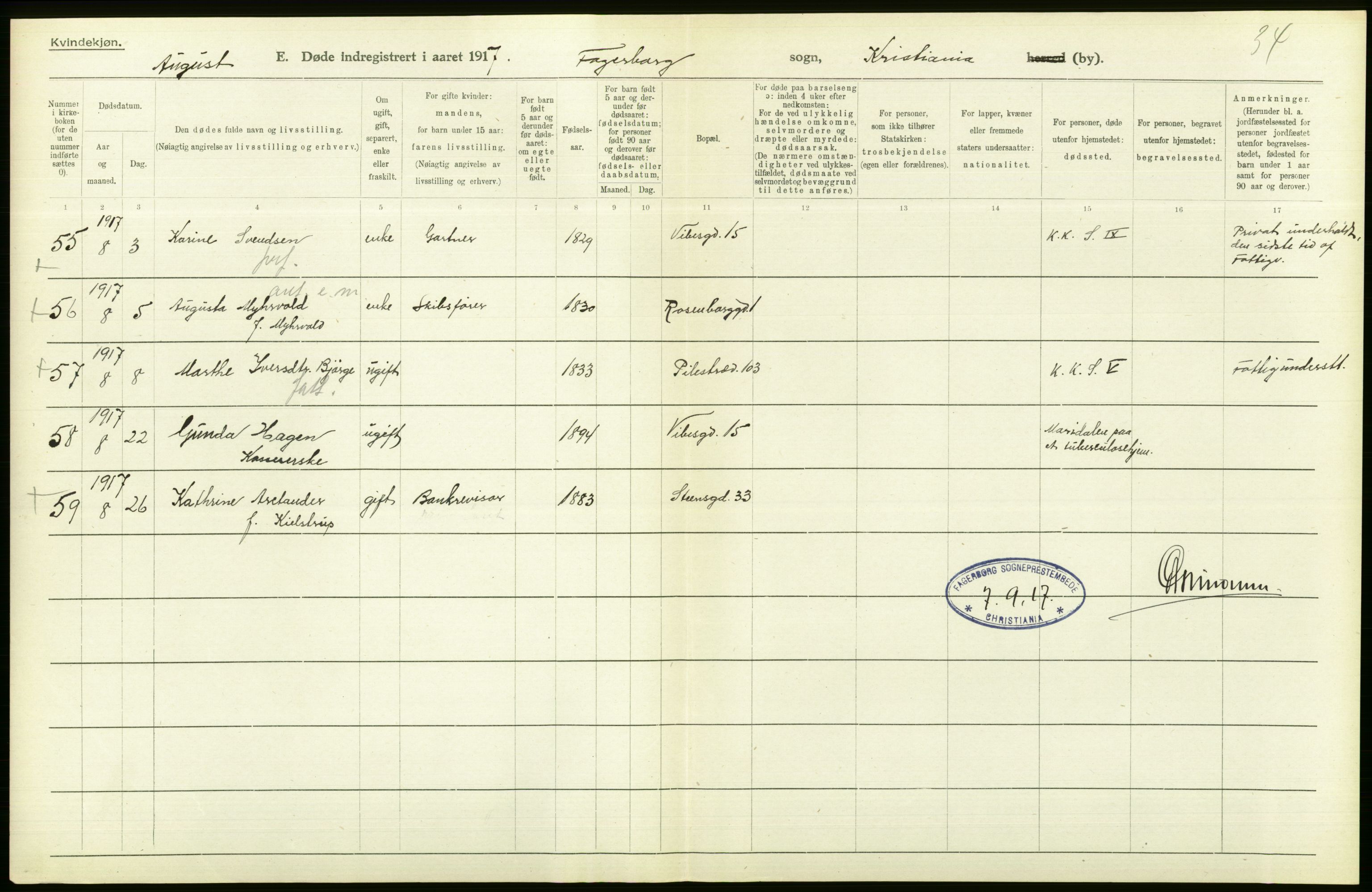 Statistisk sentralbyrå, Sosiodemografiske emner, Befolkning, AV/RA-S-2228/D/Df/Dfb/Dfbg/L0010: Kristiania: Døde, 1917, p. 254