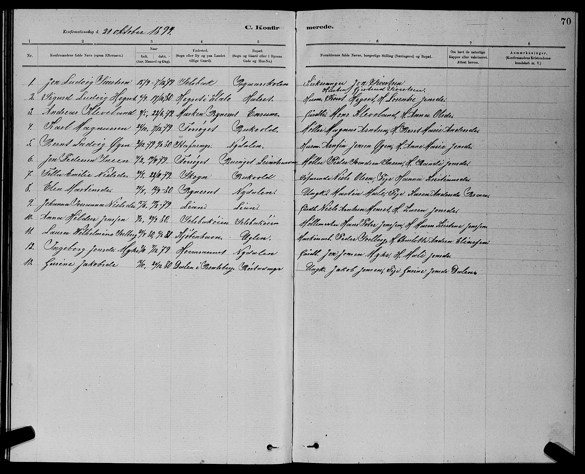 Ministerialprotokoller, klokkerbøker og fødselsregistre - Sør-Trøndelag, SAT/A-1456/611/L0354: Parish register (copy) no. 611C02, 1881-1896, p. 70