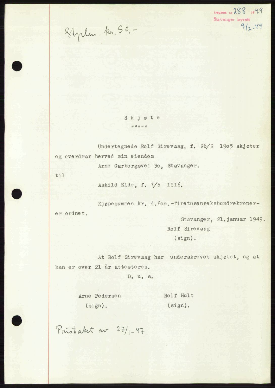 Stavanger byrett, SAST/A-100455/002/G/Gb/L0023: Mortgage book no. A12, 1948-1949, Diary no: : 288/1949
