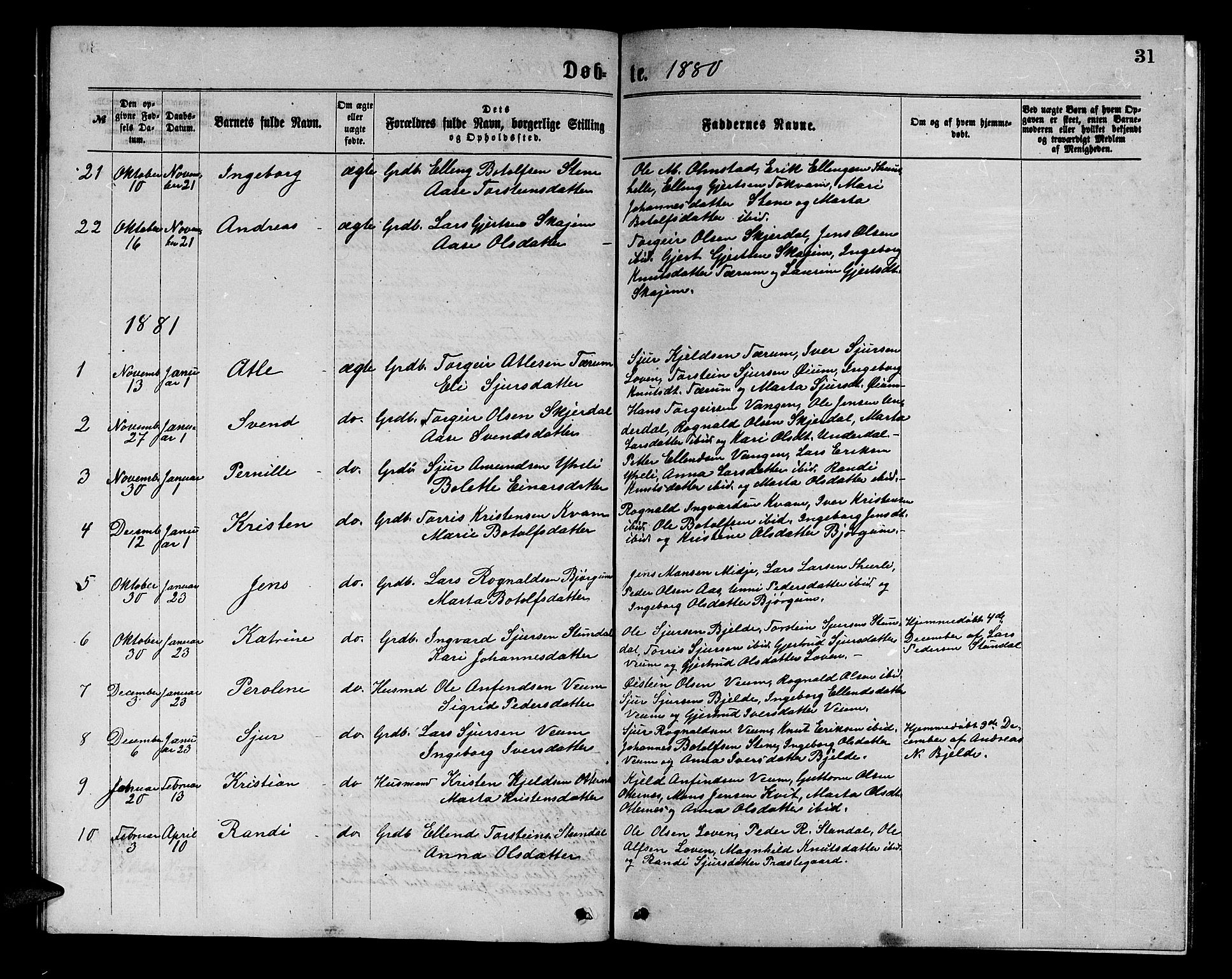 Aurland sokneprestembete, AV/SAB-A-99937/H/Hb/Hba/L0001: Parish register (copy) no. A 1, 1868-1881, p. 31