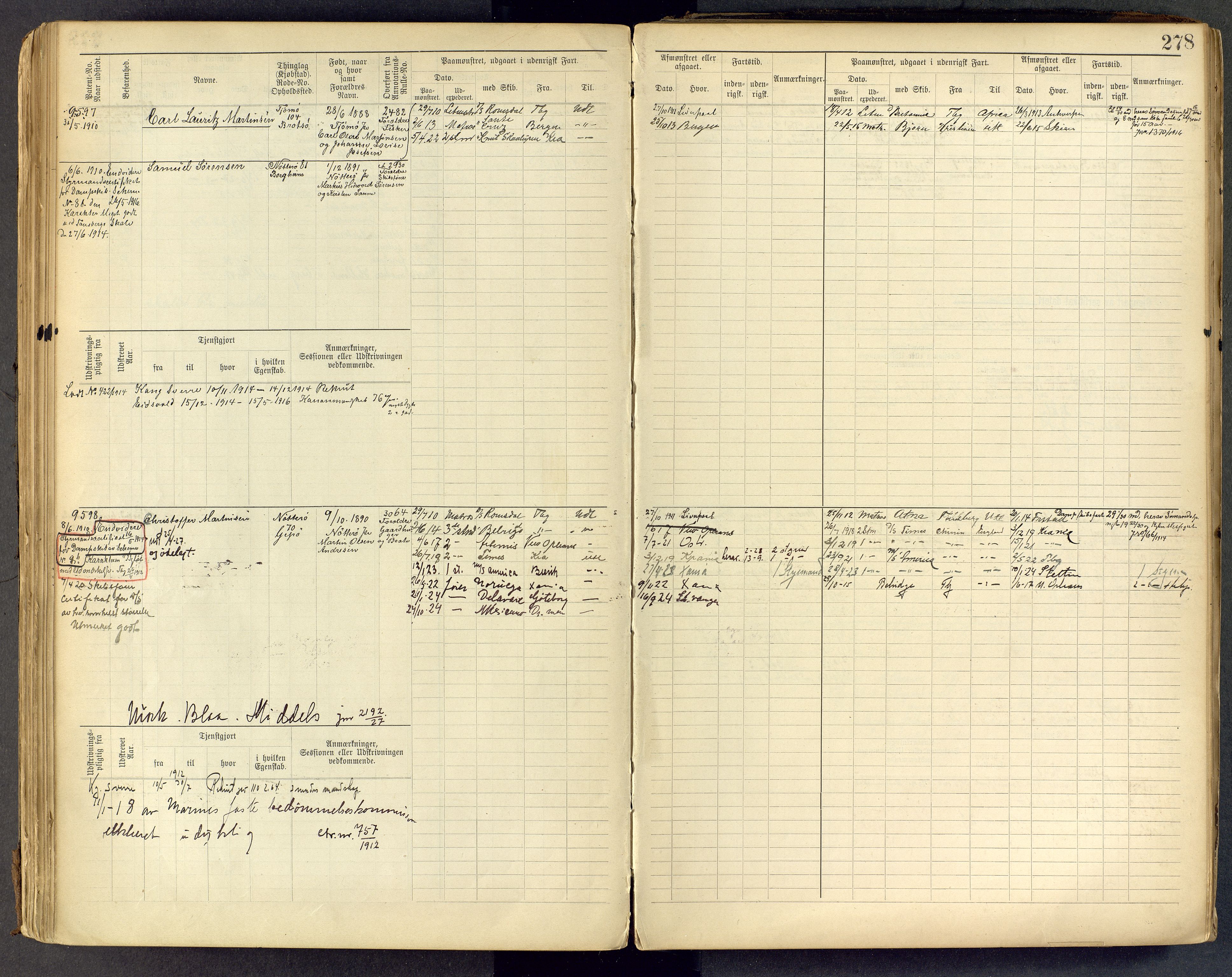 Tønsberg innrulleringskontor, AV/SAKO-A-786/F/Fc/Fcb/L0009: Hovedrulle Patent nr. 9043-9992, 1900-1921, p. 278