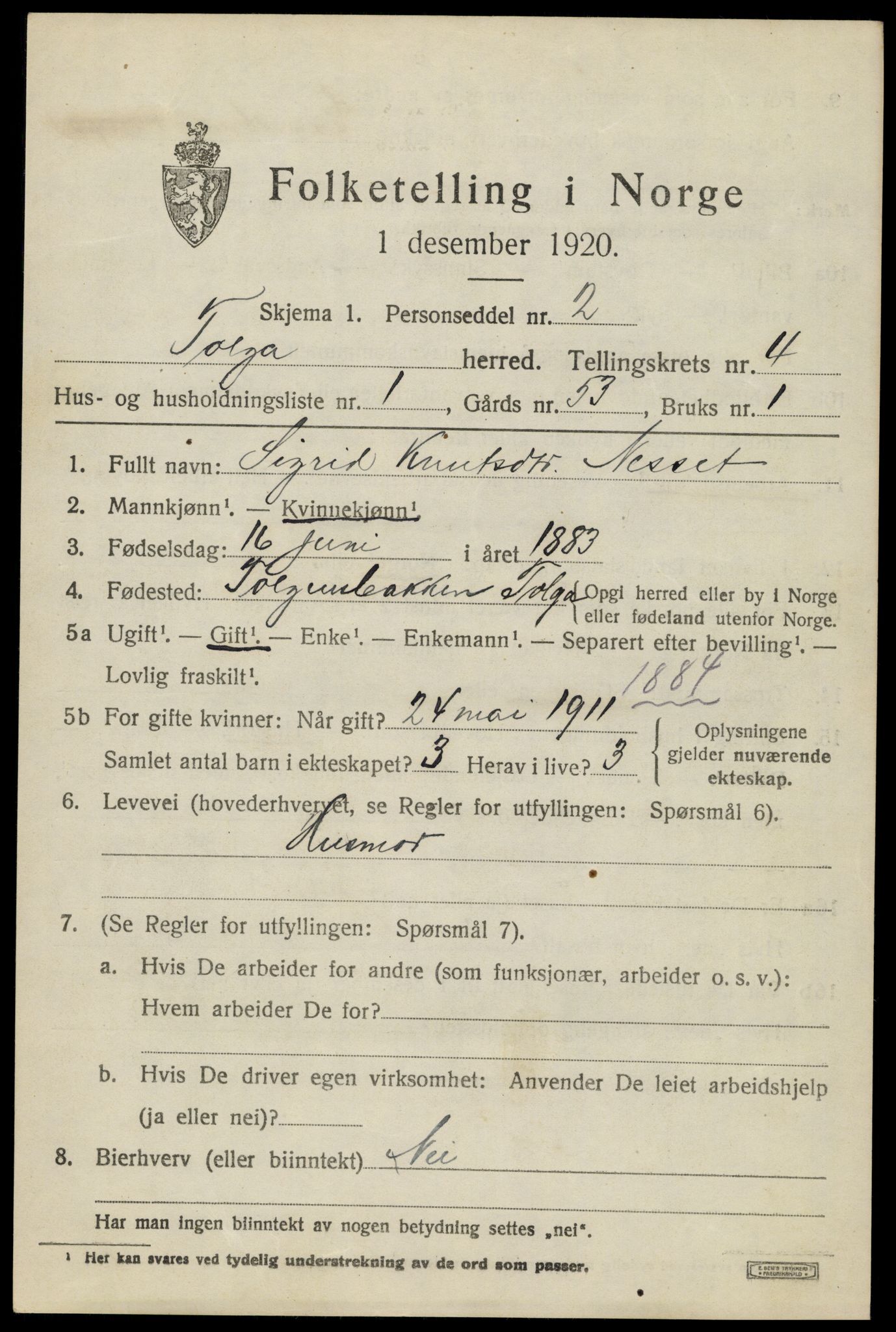 SAH, 1920 census for Tolga, 1920, p. 2591