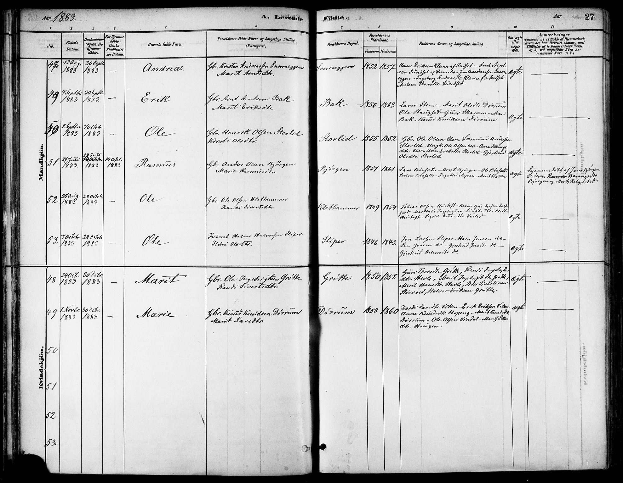 Ministerialprotokoller, klokkerbøker og fødselsregistre - Sør-Trøndelag, AV/SAT-A-1456/678/L0901: Parish register (official) no. 678A10, 1881-1894, p. 27