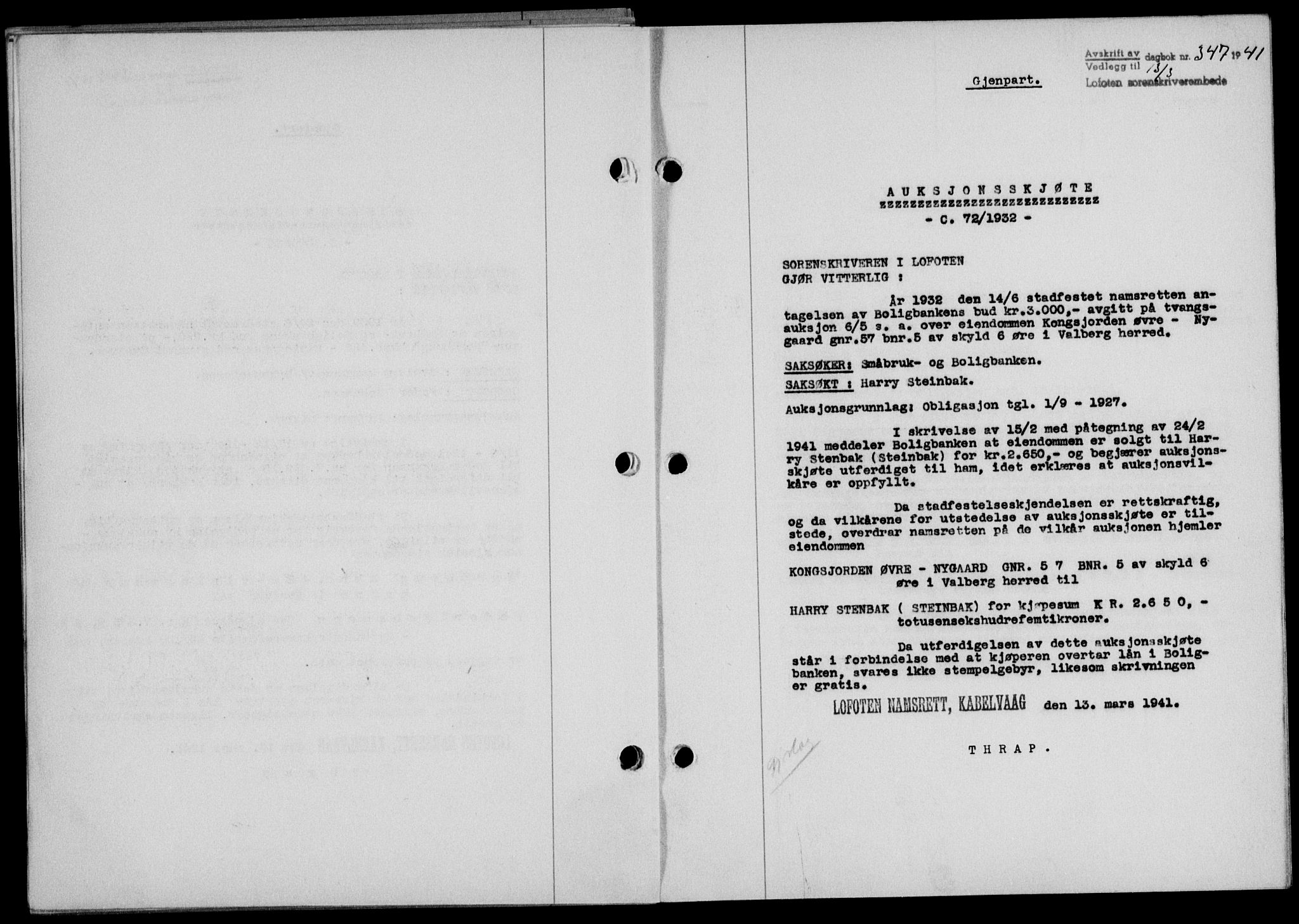 Lofoten sorenskriveri, SAT/A-0017/1/2/2C/L0008a: Mortgage book no. 8a, 1940-1941, Diary no: : 347/1941