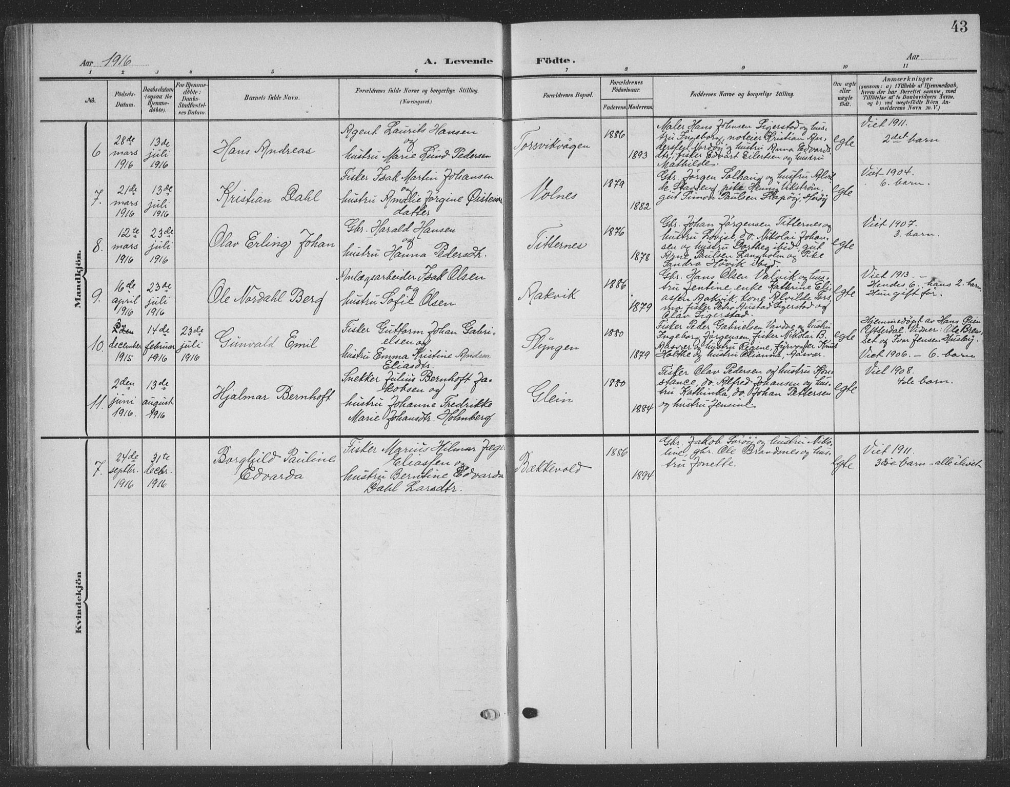 Ministerialprotokoller, klokkerbøker og fødselsregistre - Nordland, AV/SAT-A-1459/835/L0533: Parish register (copy) no. 835C05, 1906-1939, p. 43