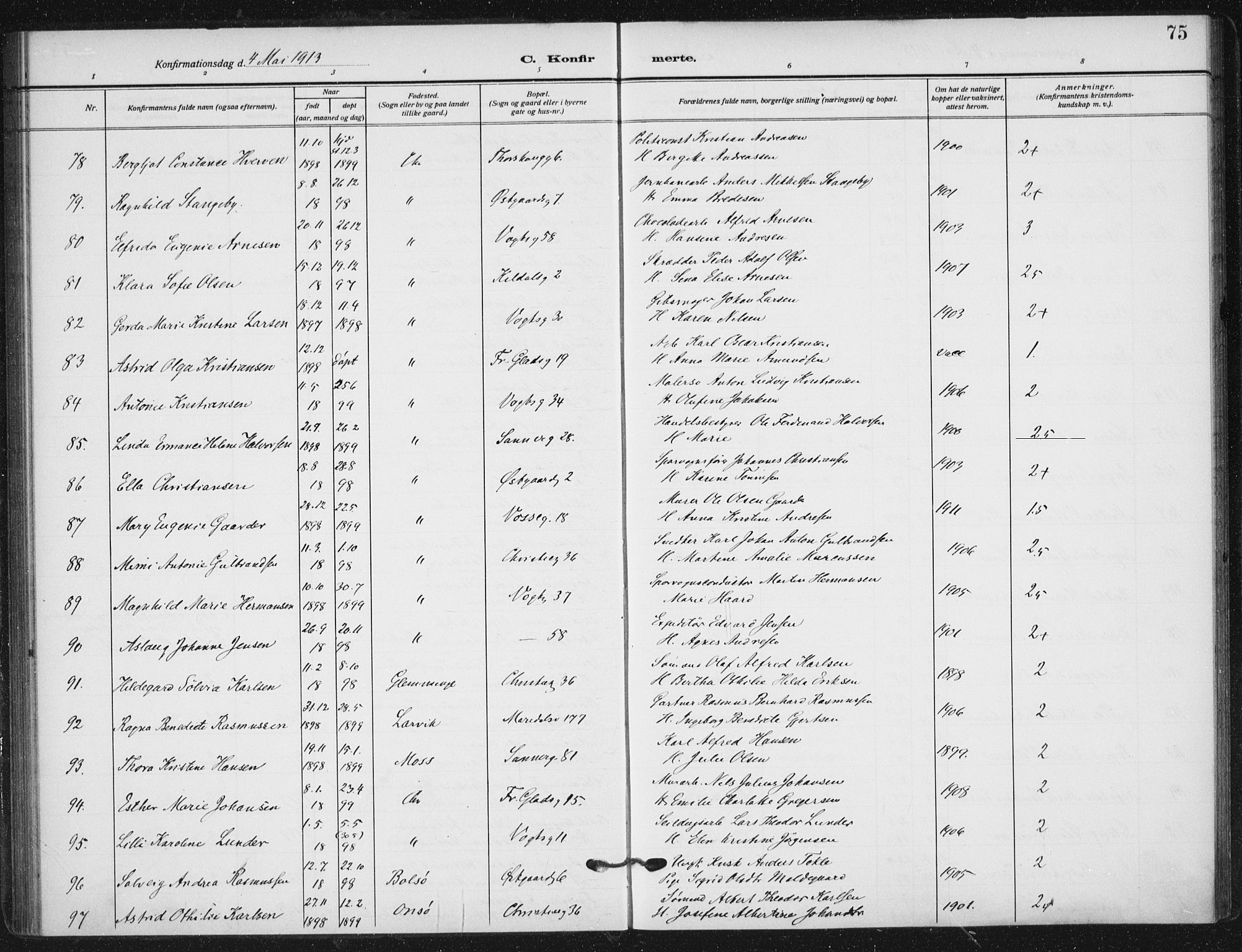 Sagene prestekontor Kirkebøker, AV/SAO-A-10796/F/L0008: Parish register (official) no. 8, 1910-1919, p. 75