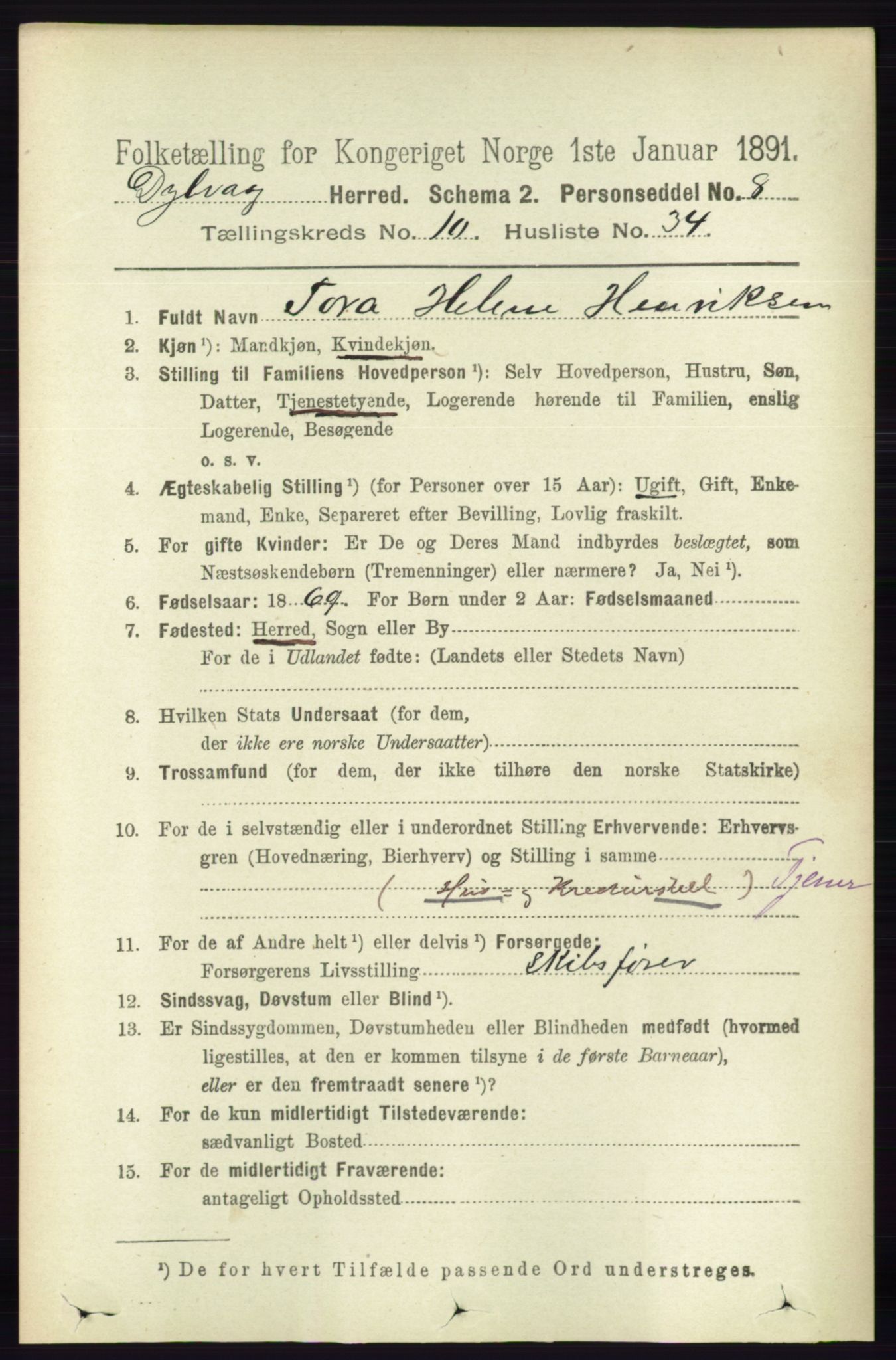 RA, 1891 census for 0915 Dypvåg, 1891, p. 3947