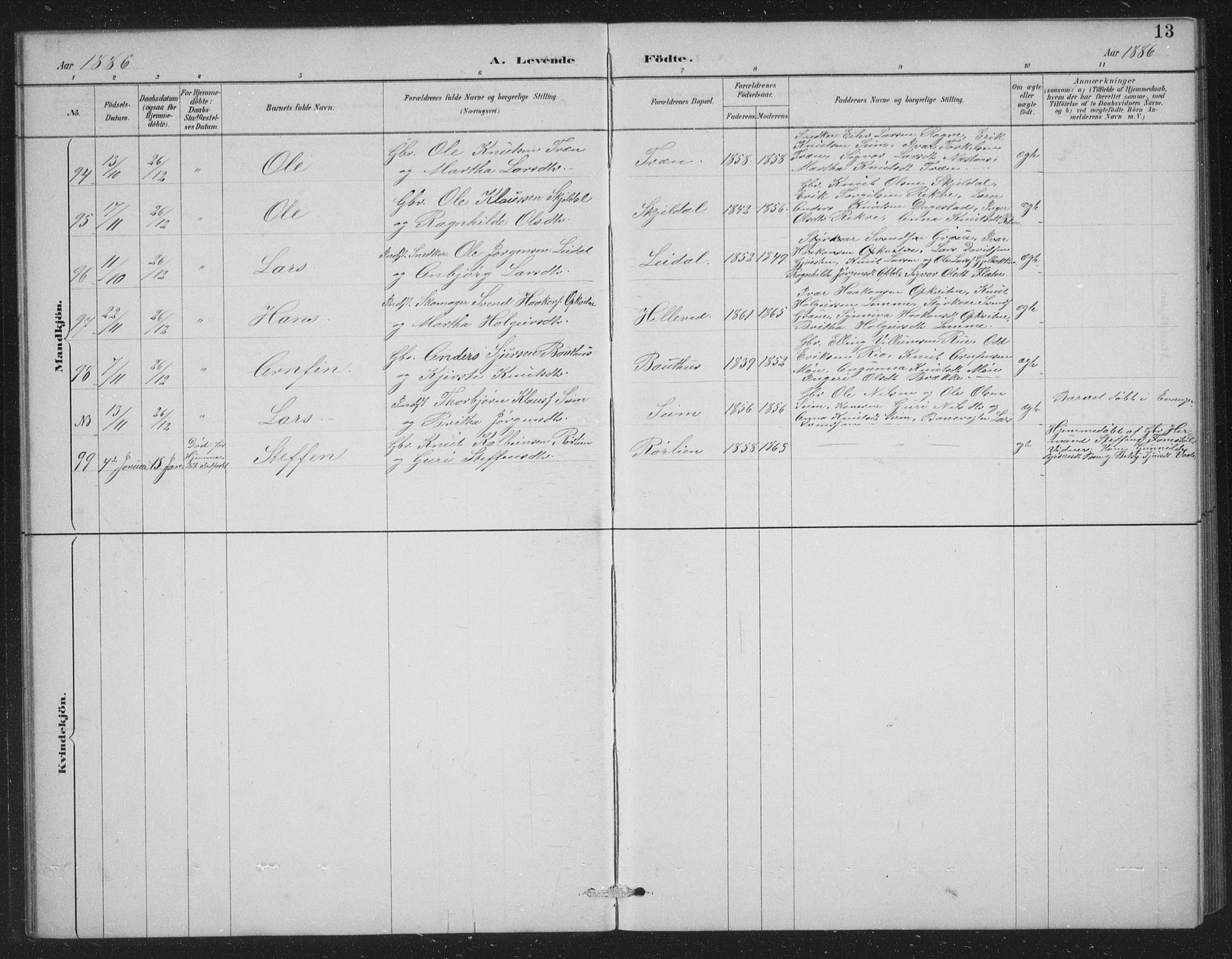 Voss sokneprestembete, SAB/A-79001/H/Hab: Parish register (copy) no. C 1, 1886-1899, p. 13