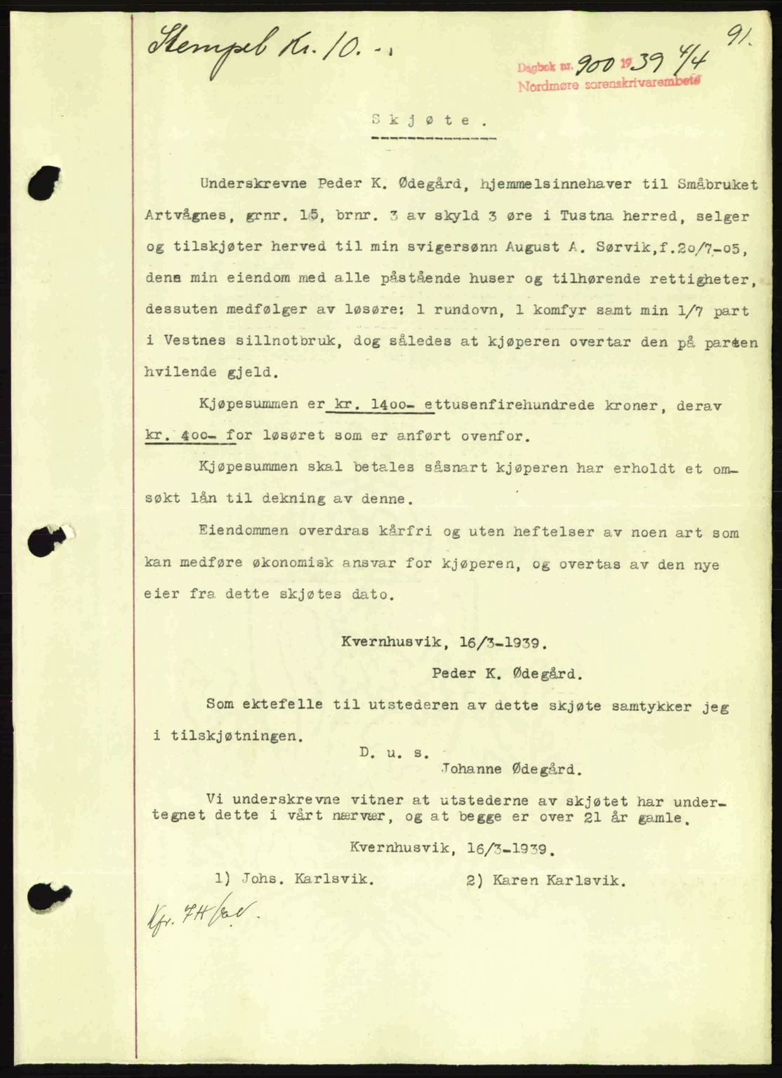 Nordmøre sorenskriveri, AV/SAT-A-4132/1/2/2Ca: Mortgage book no. A86, 1939-1939, Diary no: : 900/1939