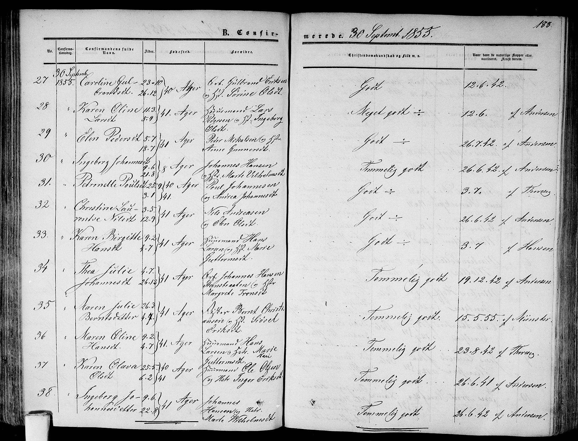 Gamlebyen prestekontor Kirkebøker, AV/SAO-A-10884/F/Fa/L0004: Parish register (official) no. 4, 1850-1857, p. 188