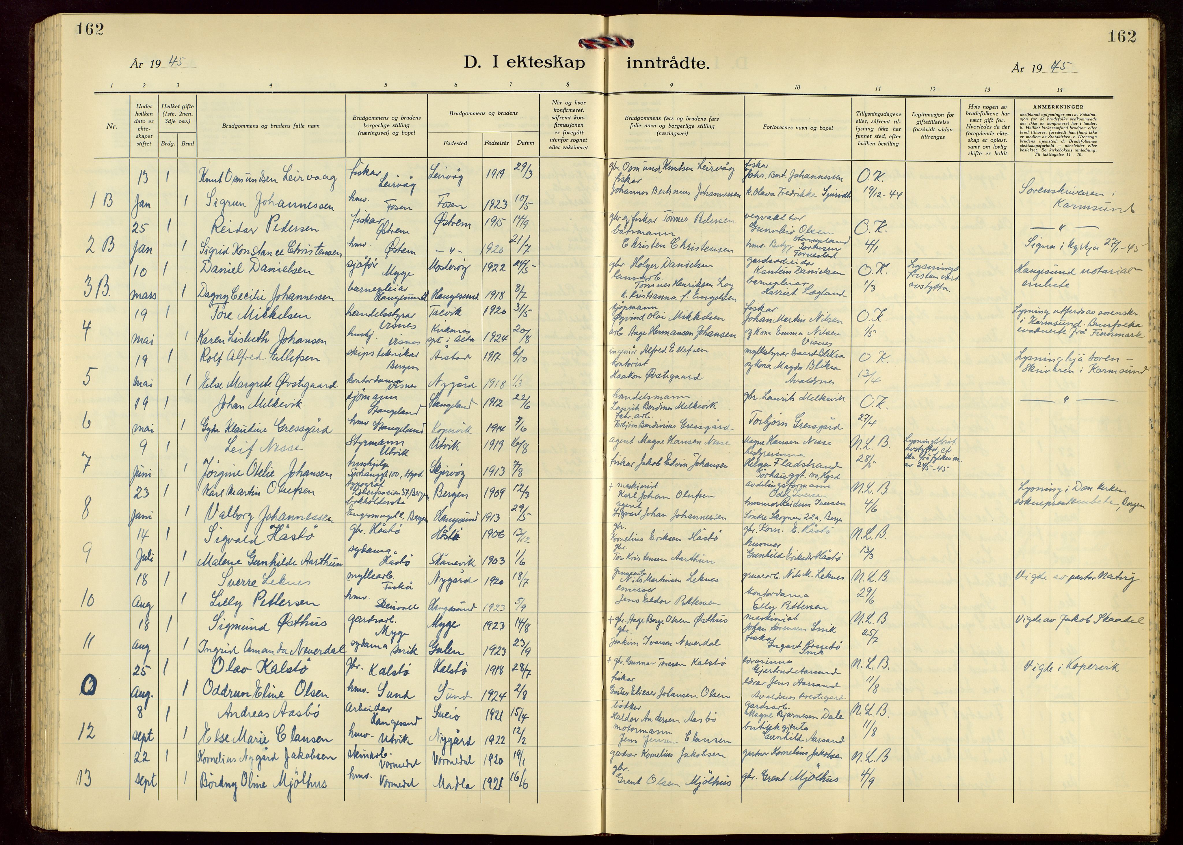 Avaldsnes sokneprestkontor, AV/SAST-A -101851/H/Ha/Hab/L0009: Parish register (copy) no. B 9, 1940-1958, p. 162