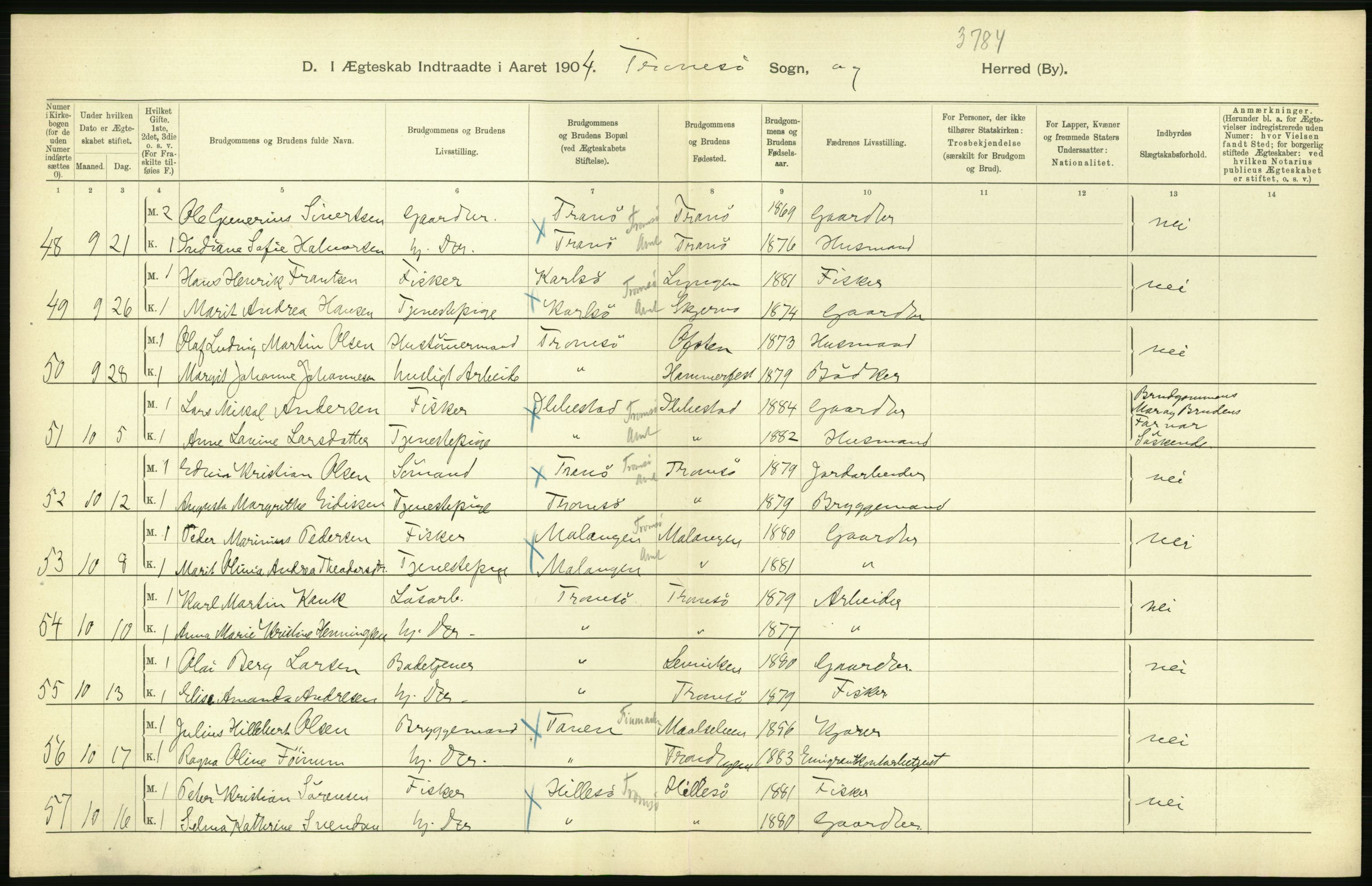 Statistisk sentralbyrå, Sosiodemografiske emner, Befolkning, AV/RA-S-2228/D/Df/Dfa/Dfab/L0022: Tromsø amt: Fødte, gifte, døde, 1904, p. 380