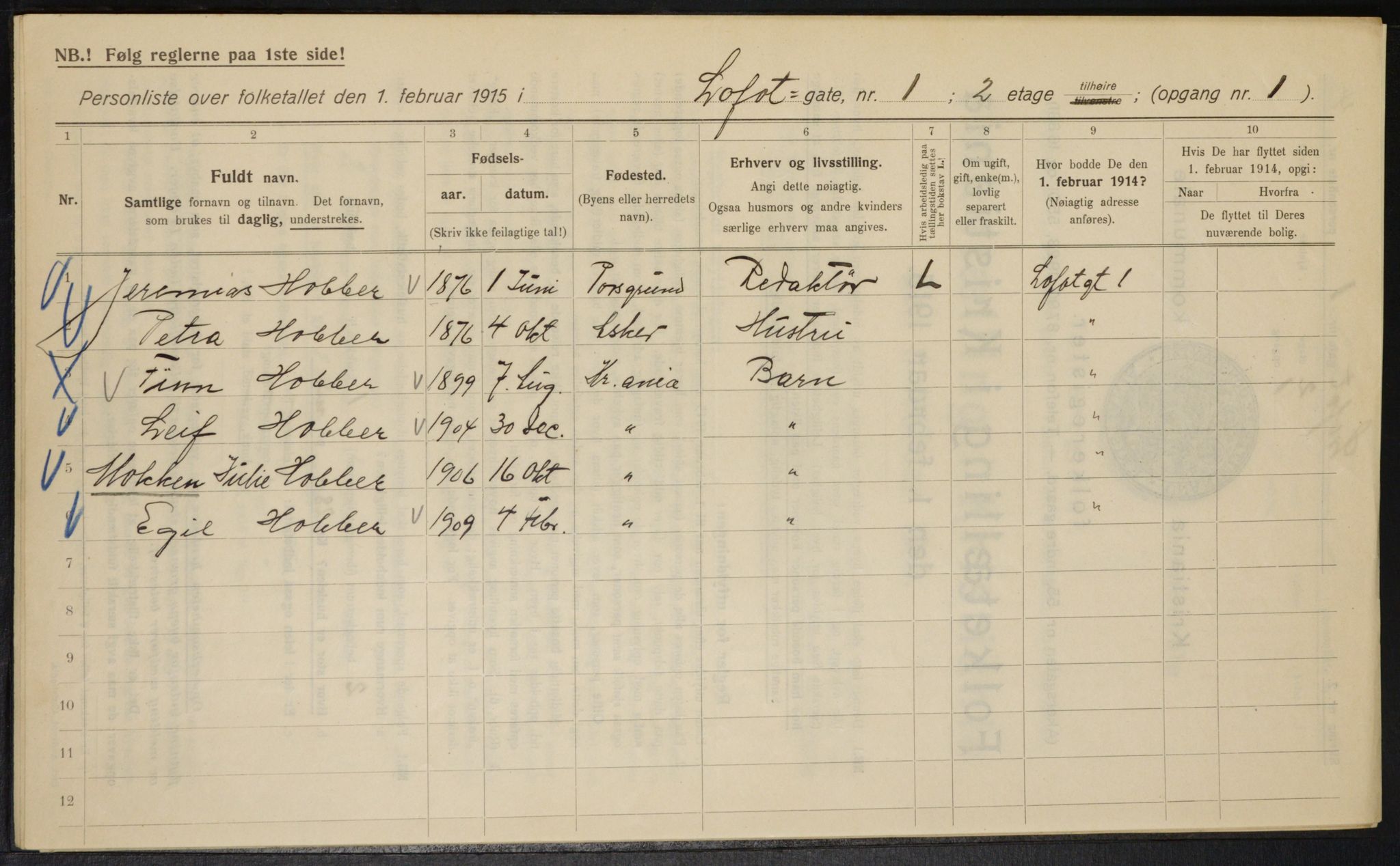 OBA, Municipal Census 1915 for Kristiania, 1915, p. 57737