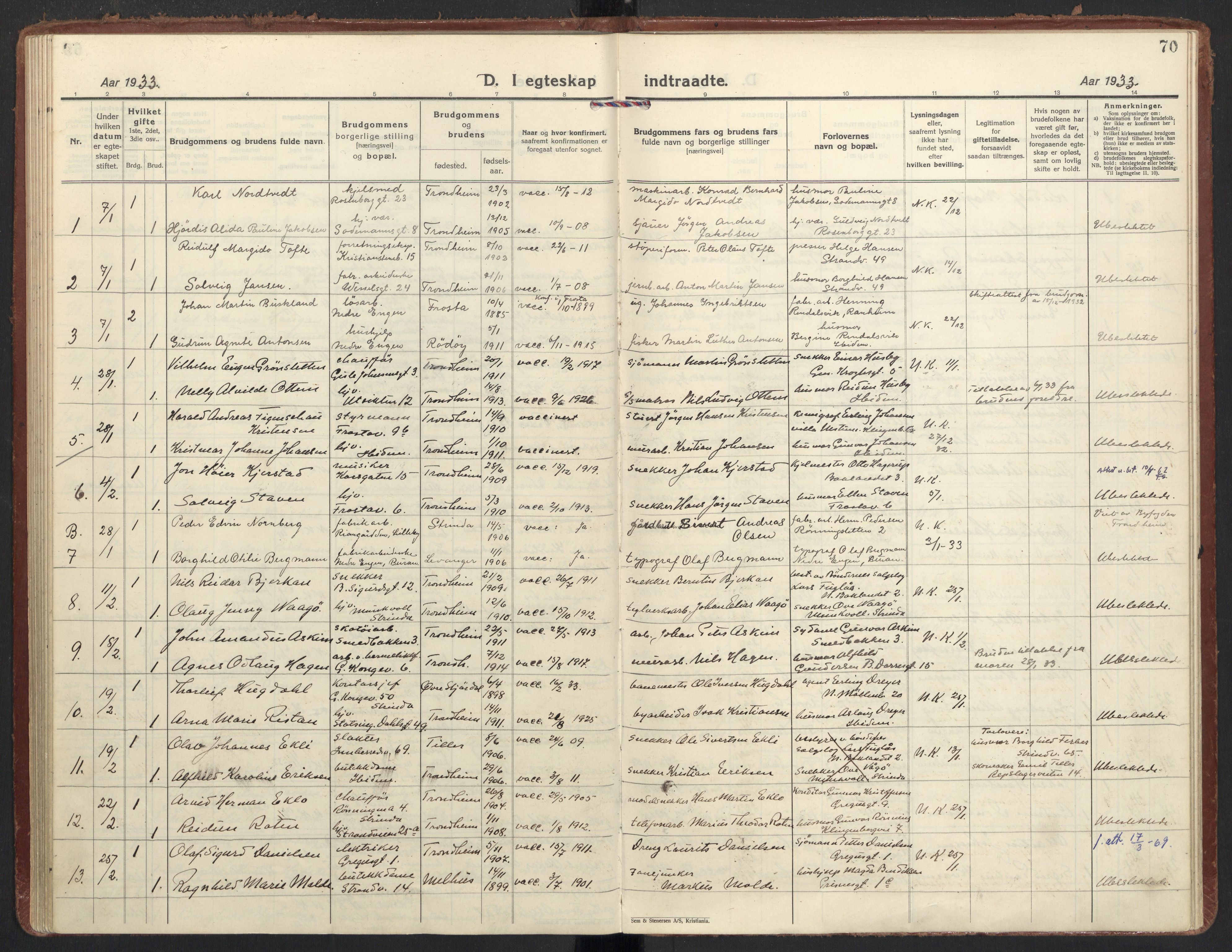Ministerialprotokoller, klokkerbøker og fødselsregistre - Sør-Trøndelag, SAT/A-1456/605/L0249: Parish register (official) no. 605A11, 1925-1936, p. 70