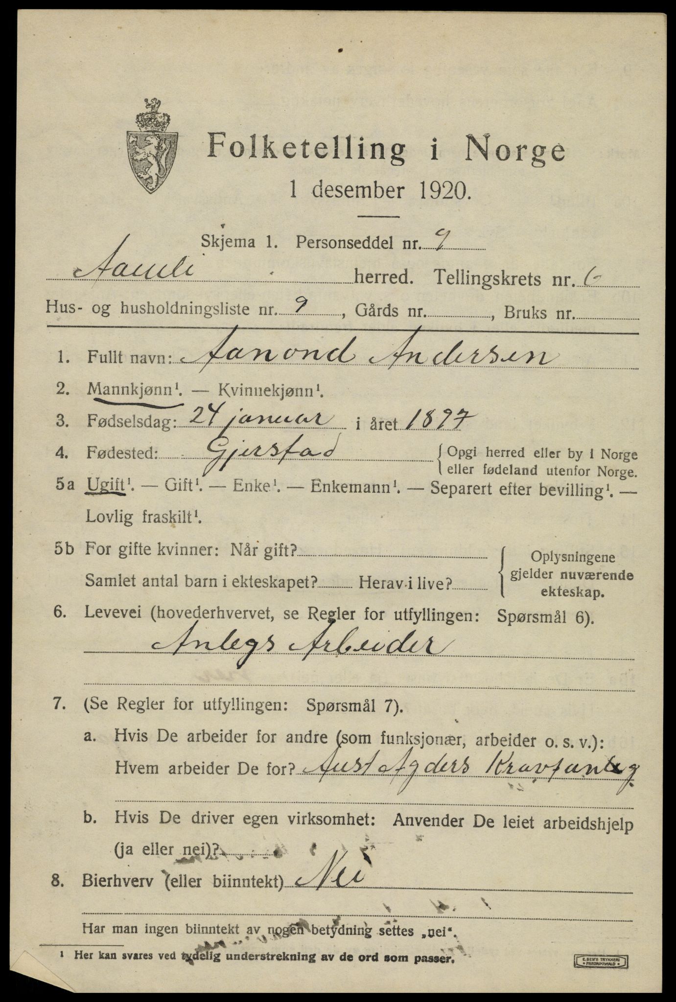 SAK, 1920 census for Åmli, 1920, p. 2727
