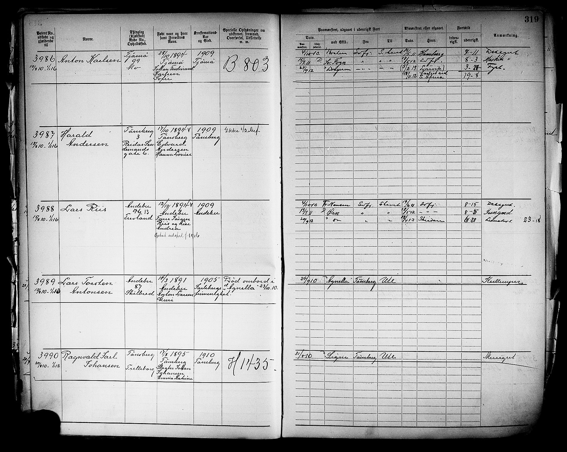 Tønsberg innrulleringskontor, SAKO/A-786/F/Fb/L0005: Annotasjonsrulle Patent nr. 2401-4080, 1904-1910, p. 320