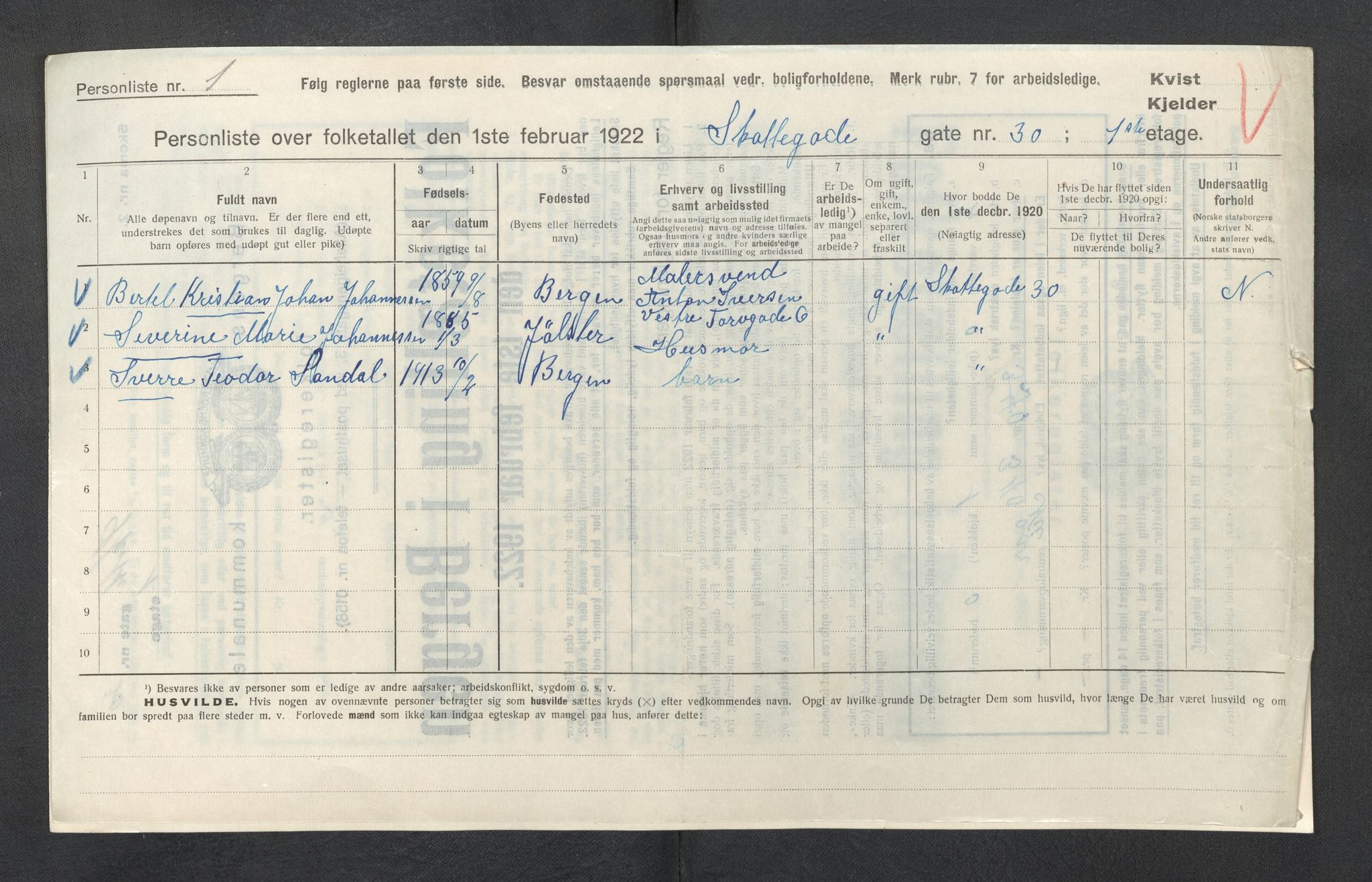 SAB, Municipal Census 1922 for Bergen, 1922, p. 37592