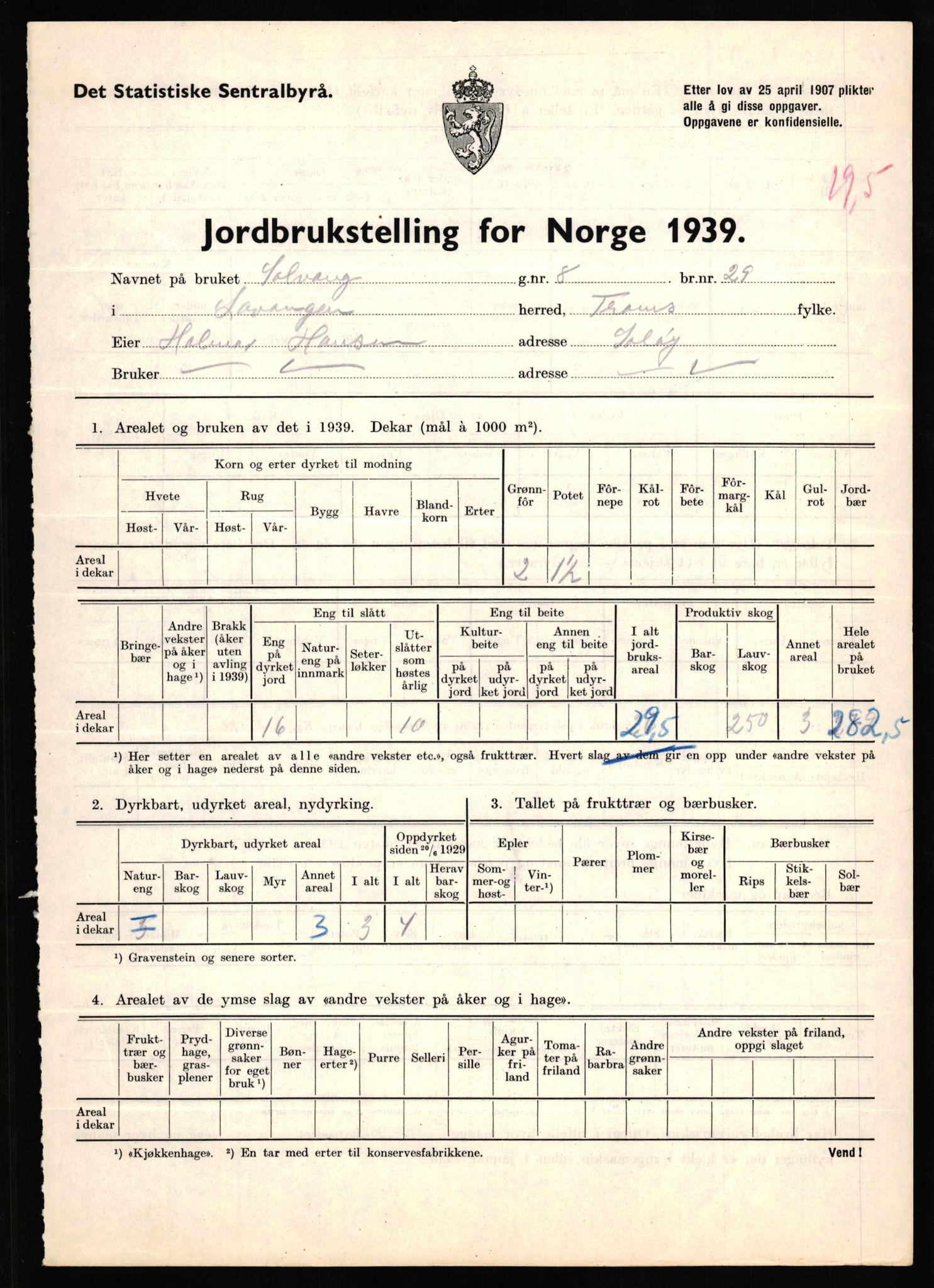 Statistisk sentralbyrå, Næringsøkonomiske emner, Jordbruk, skogbruk, jakt, fiske og fangst, AV/RA-S-2234/G/Gb/L0339: Troms: Andørja, Astafjord og Lavangen, 1939, p. 1028