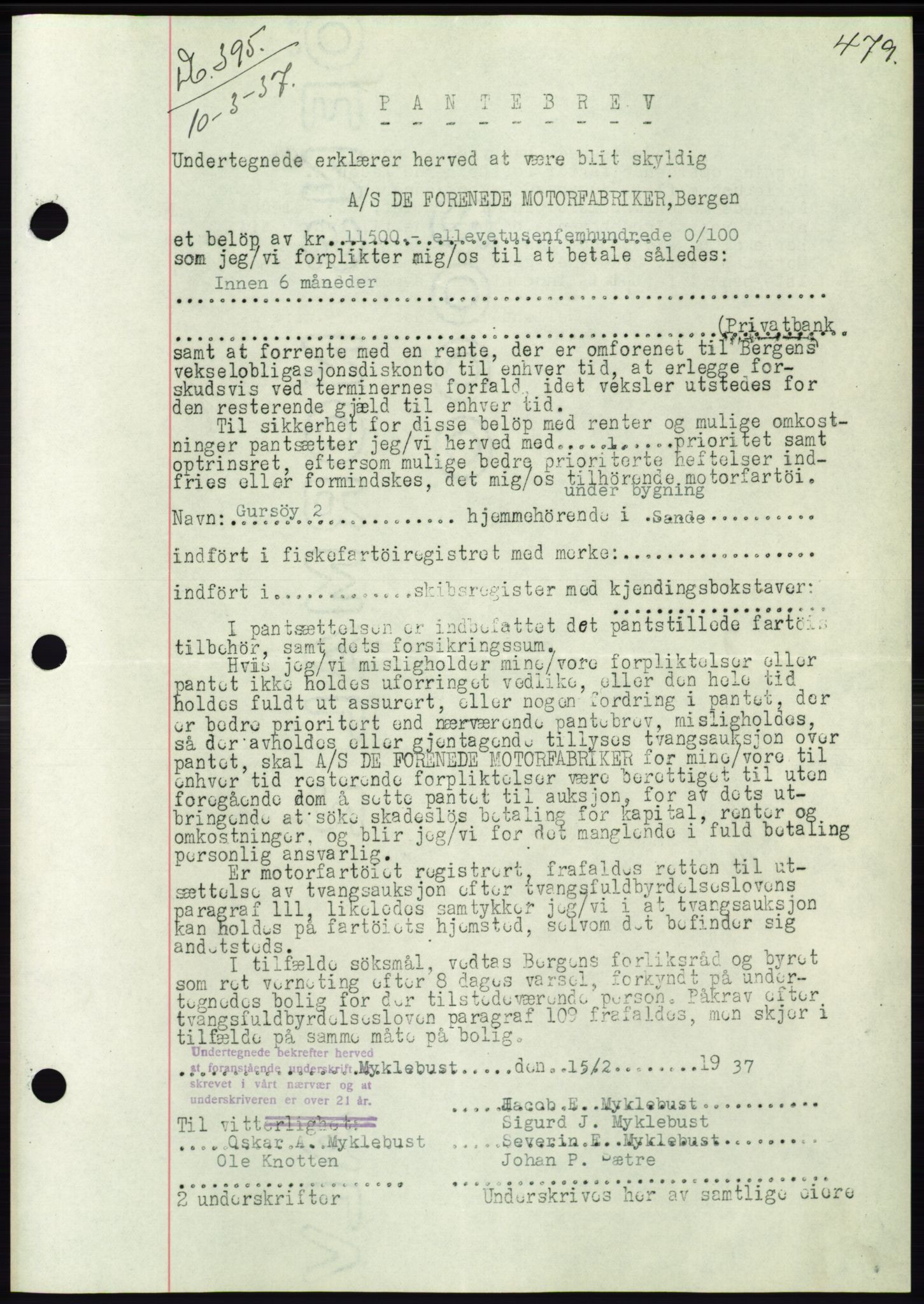 Søre Sunnmøre sorenskriveri, AV/SAT-A-4122/1/2/2C/L0062: Mortgage book no. 56, 1936-1937, Diary no: : 395/1937