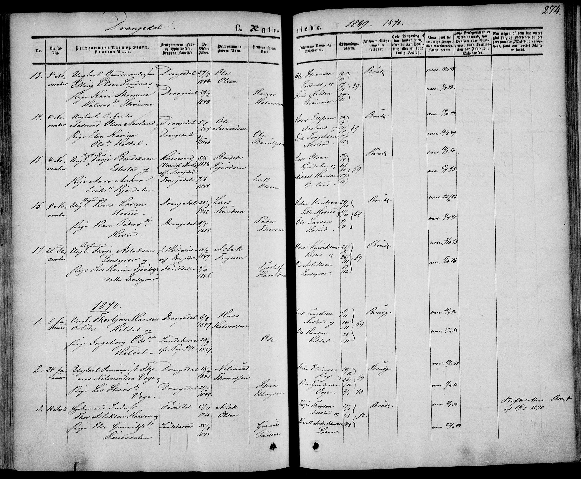 Drangedal kirkebøker, SAKO/A-258/F/Fa/L0008: Parish register (official) no. 8, 1857-1871, p. 274