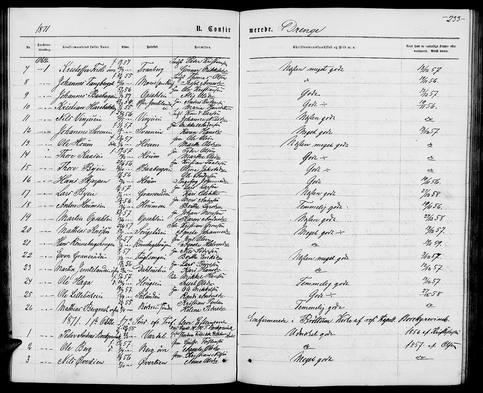 Ringsaker prestekontor, AV/SAH-PREST-014/L/La/L0008: Parish register (copy) no. 8, 1870-1878, p. 233