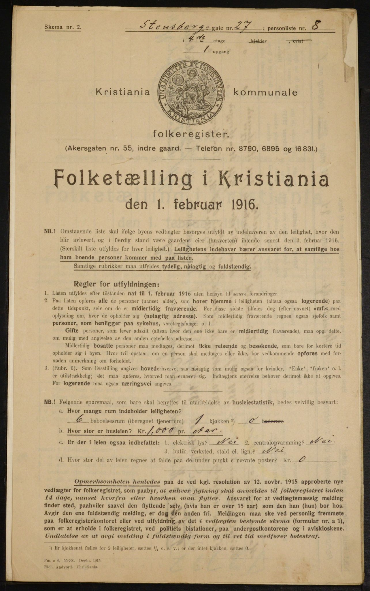 OBA, Municipal Census 1916 for Kristiania, 1916, p. 104433