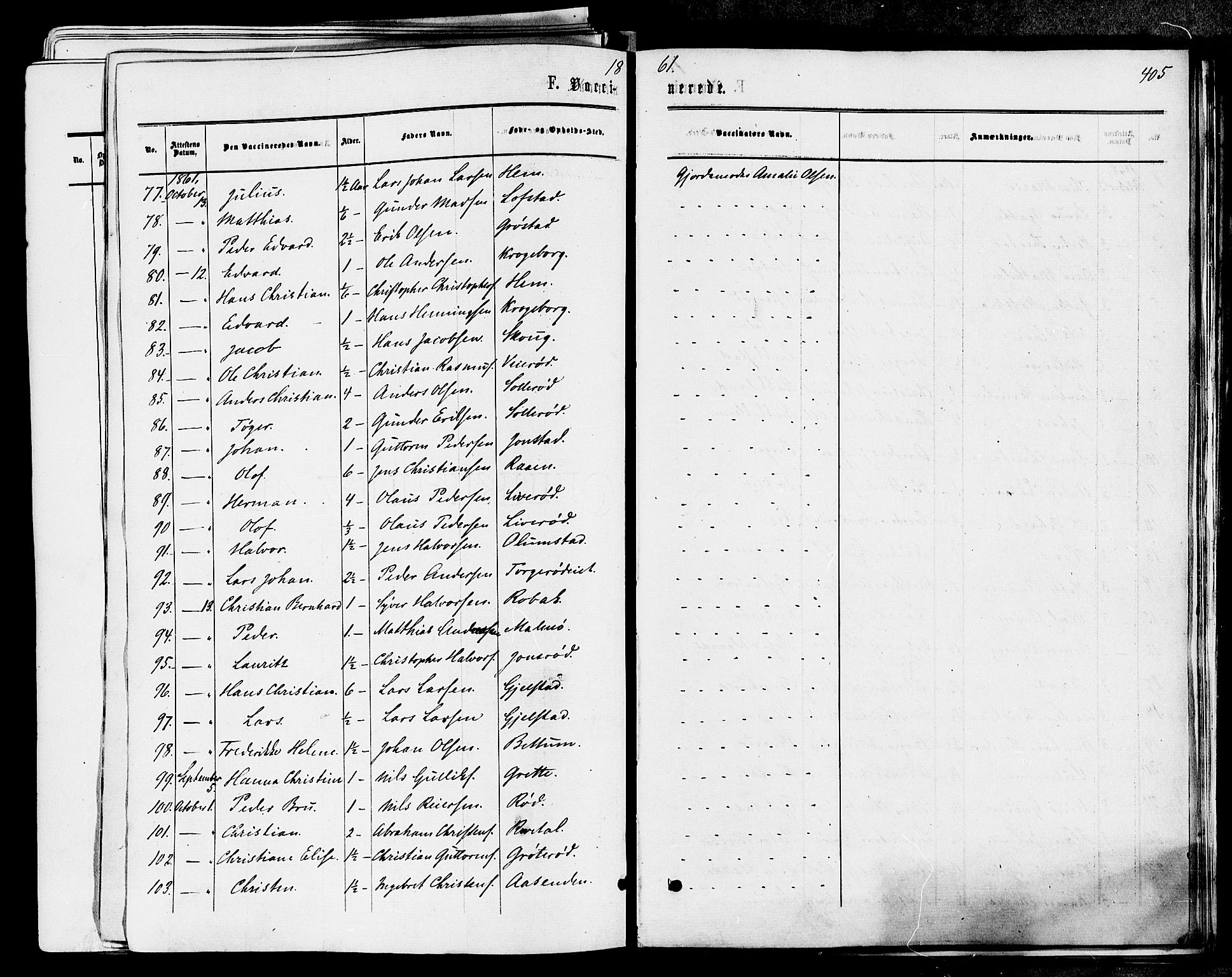 Våle kirkebøker, AV/SAKO-A-334/F/Fa/L0010: Parish register (official) no. I 10, 1861-1877, p. 405