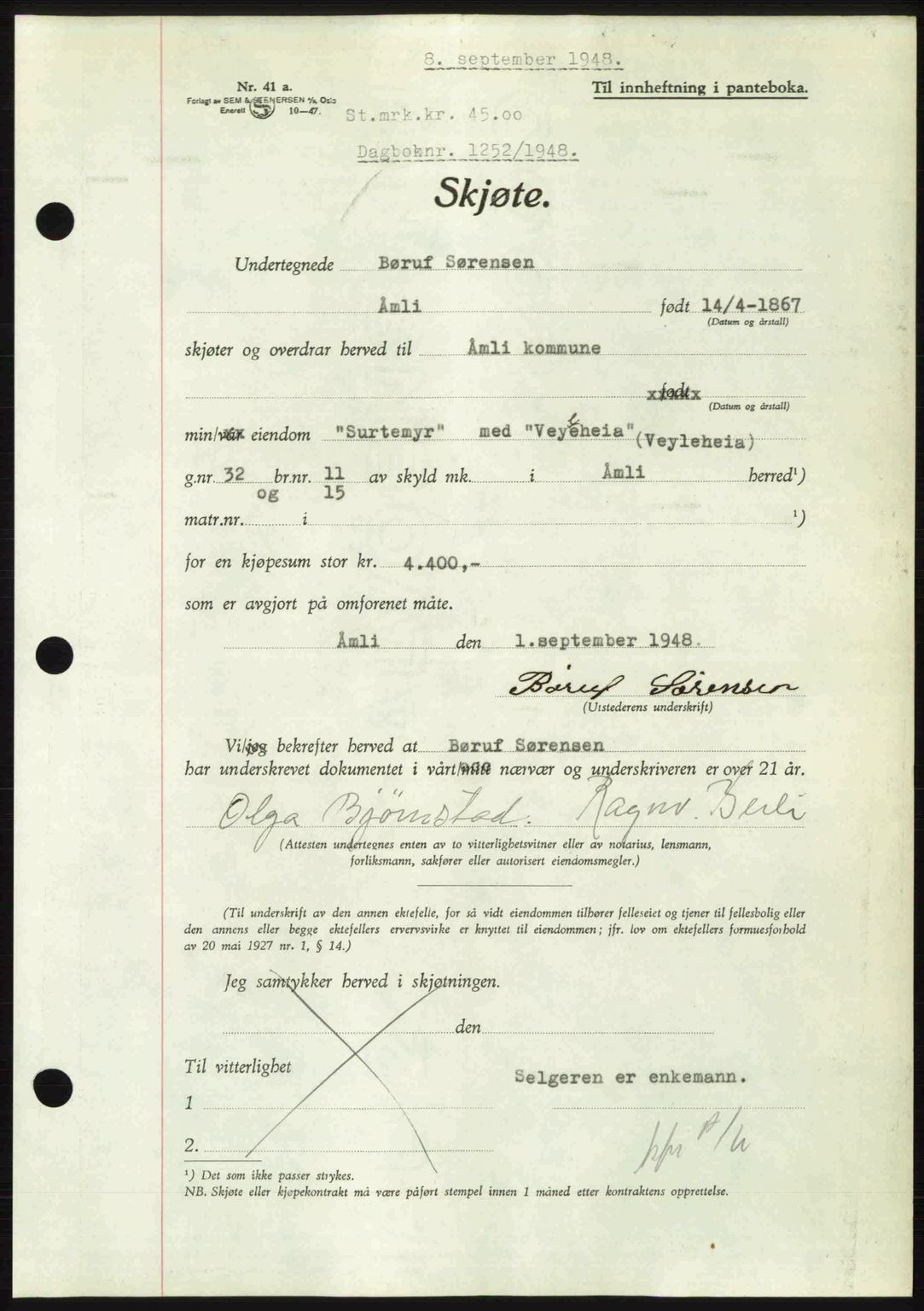 Nedenes sorenskriveri, AV/SAK-1221-0006/G/Gb/Gba/L0059: Mortgage book no. A11, 1948-1948, Diary no: : 1252/1948