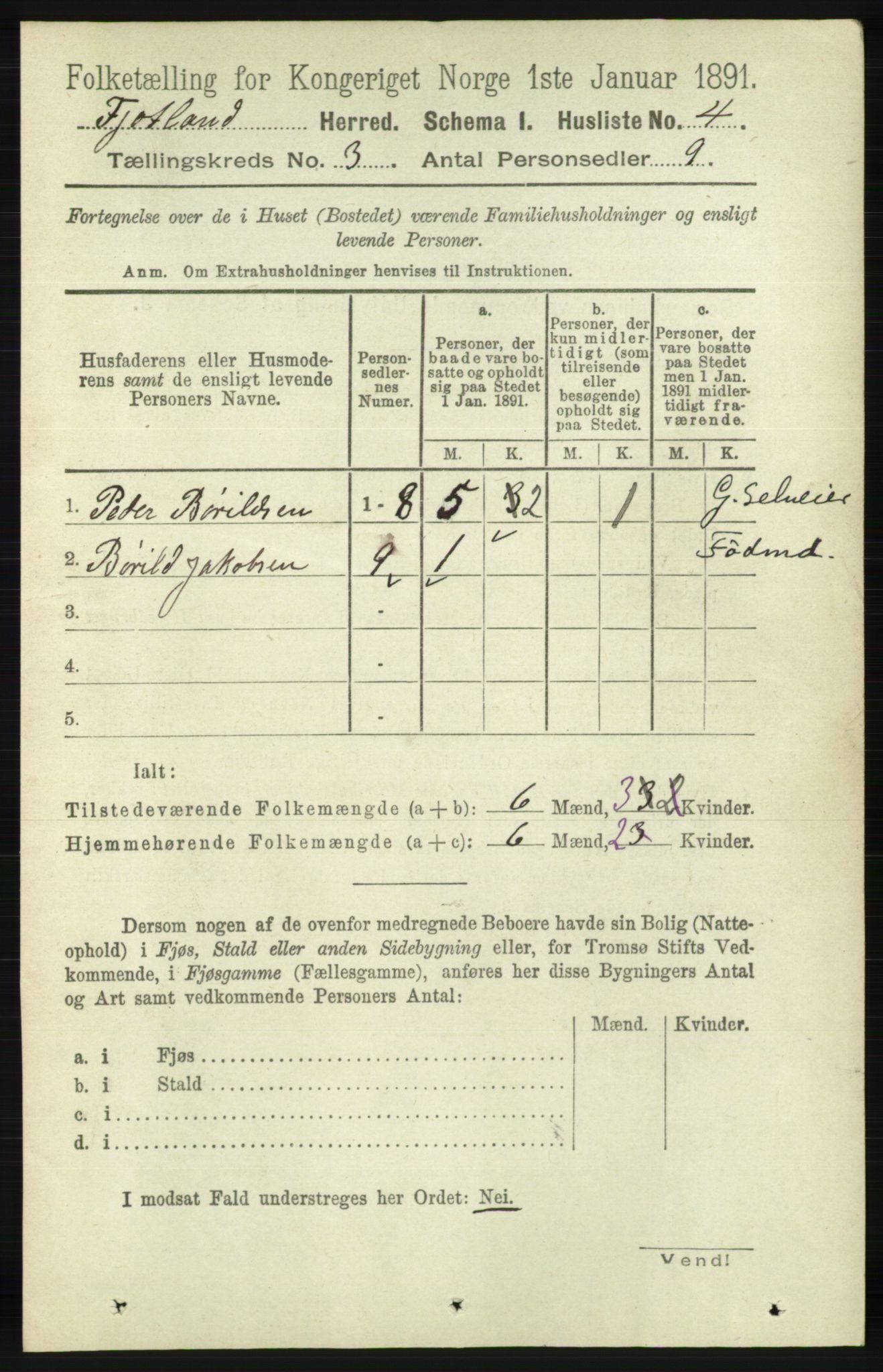 RA, 1891 census for 1036 Fjotland, 1891, p. 375