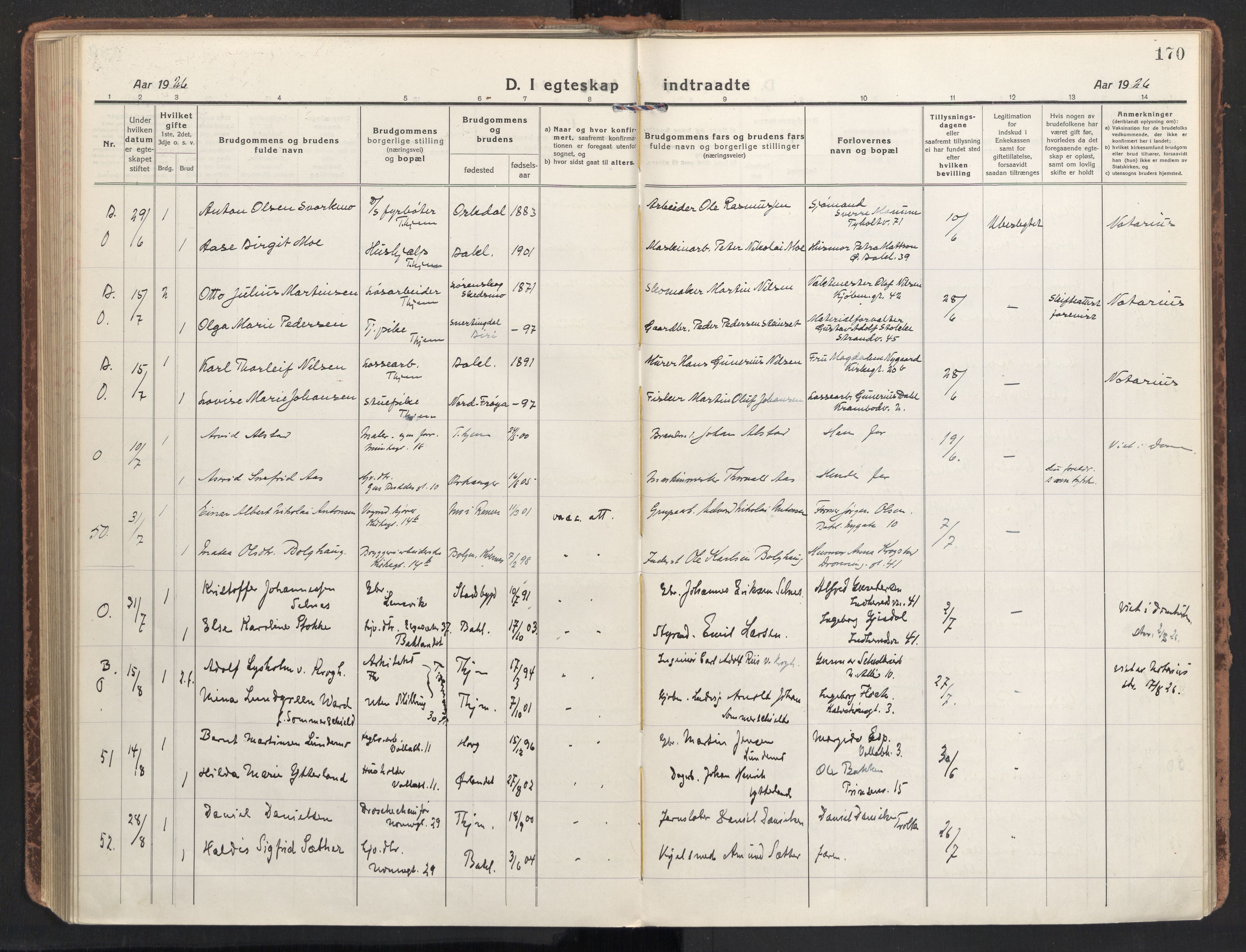 Ministerialprotokoller, klokkerbøker og fødselsregistre - Sør-Trøndelag, SAT/A-1456/604/L0206: Parish register (official) no. 604A26, 1917-1931, p. 170