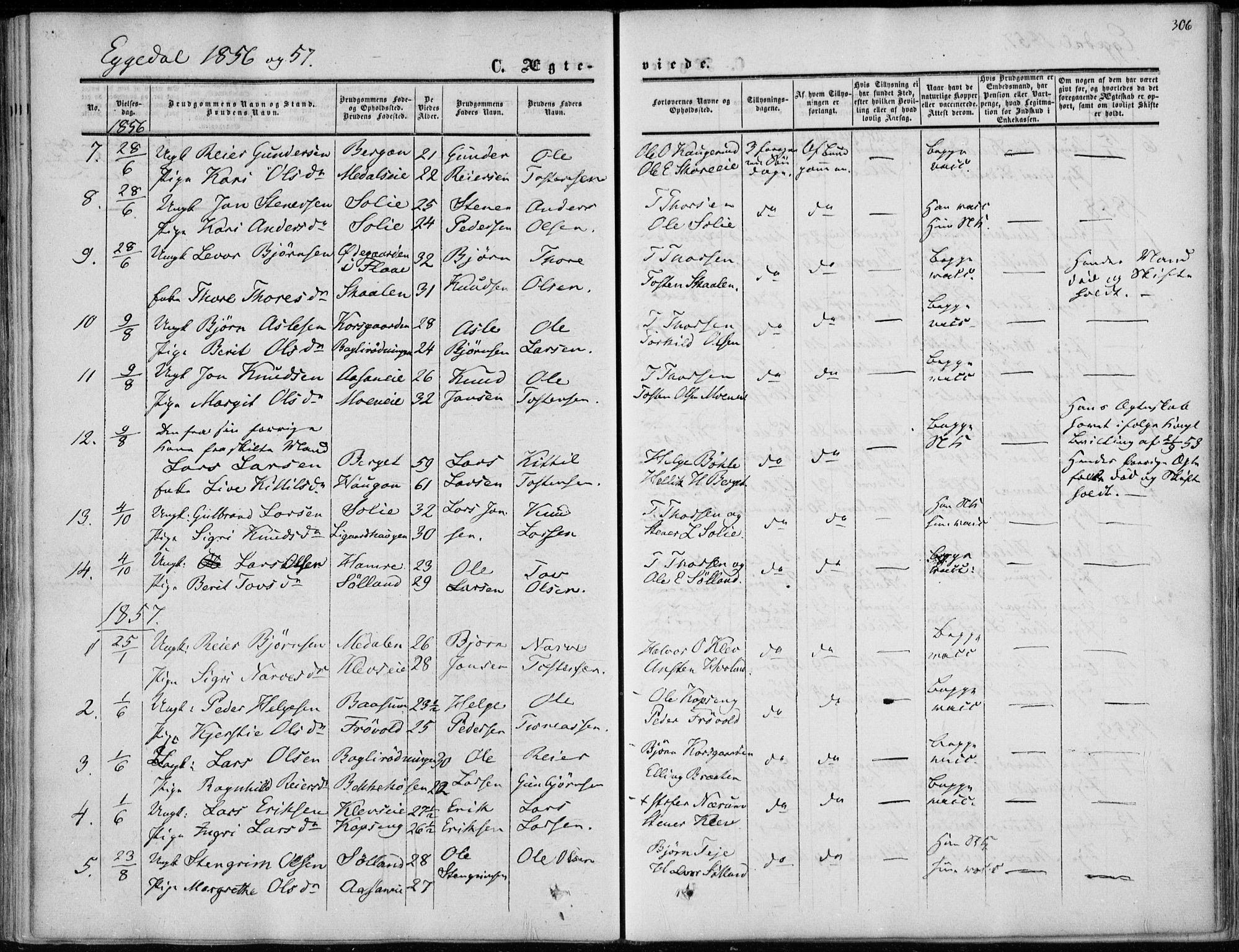 Sigdal kirkebøker, AV/SAKO-A-245/F/Fa/L0008: Parish register (official) no. I 8, 1850-1859, p. 306