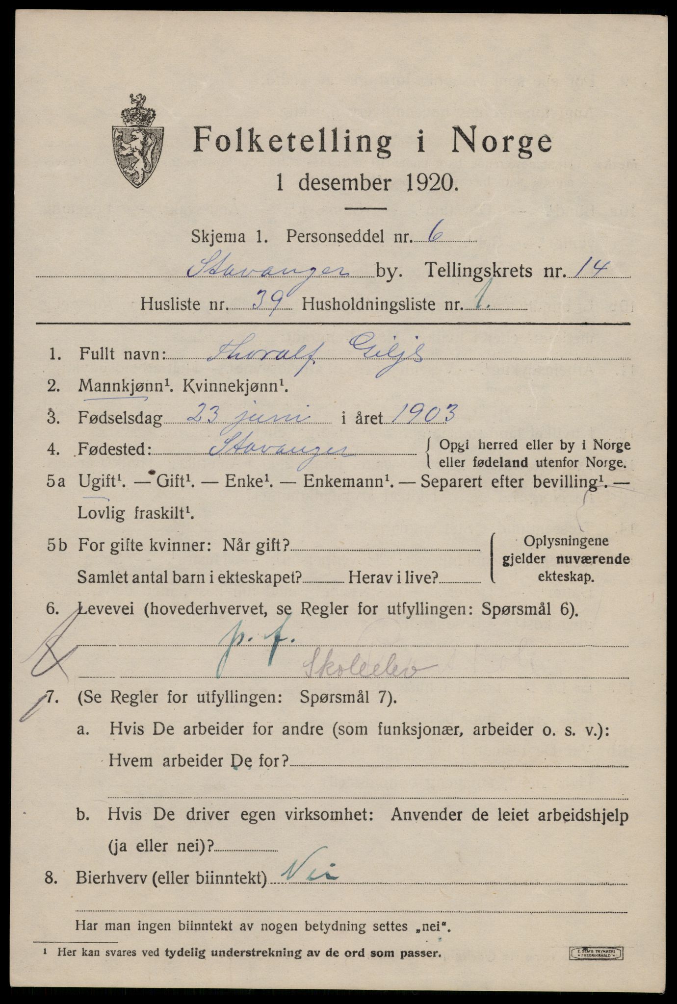 SAST, 1920 census for Stavanger, 1920, p. 60322