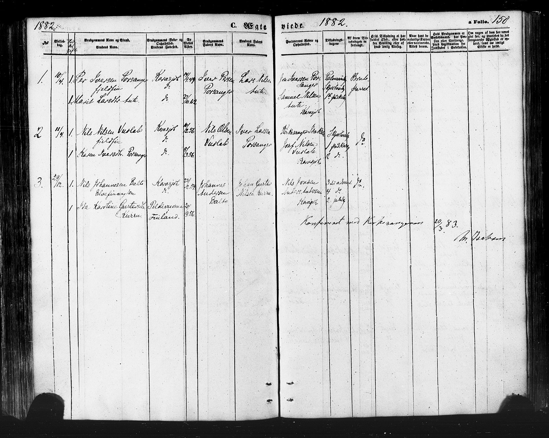 Karasjok sokneprestkontor, SATØ/S-1352/H/Ha/L0001kirke: Parish register (official) no. 1, 1872-1884, p. 158