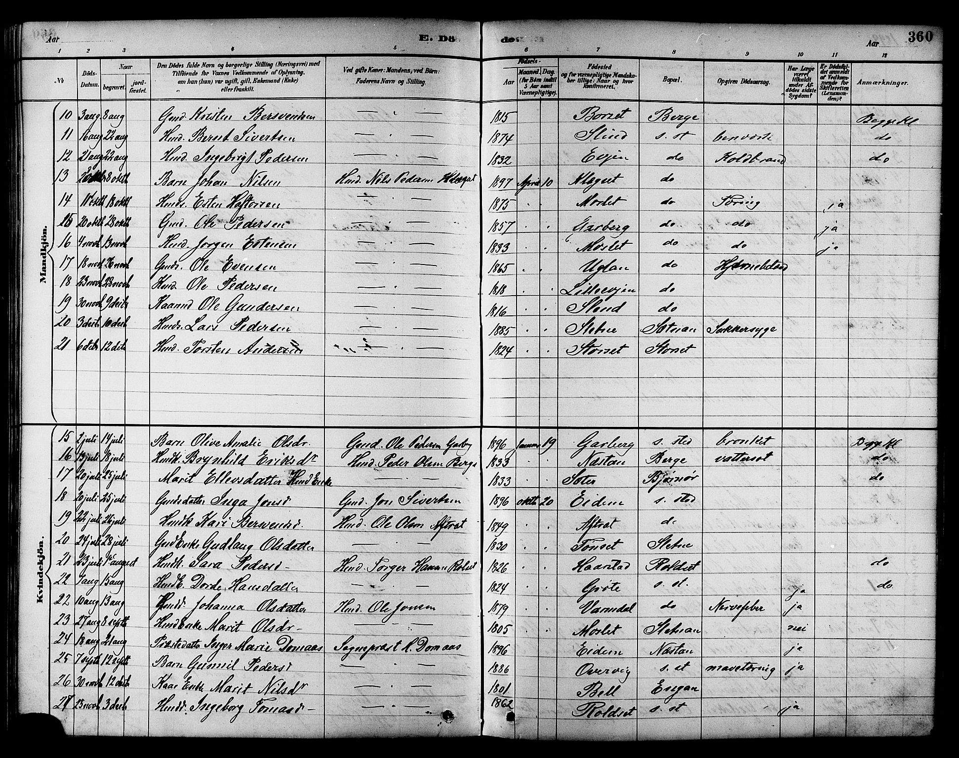 Ministerialprotokoller, klokkerbøker og fødselsregistre - Sør-Trøndelag, AV/SAT-A-1456/695/L1157: Parish register (copy) no. 695C08, 1889-1913, p. 360