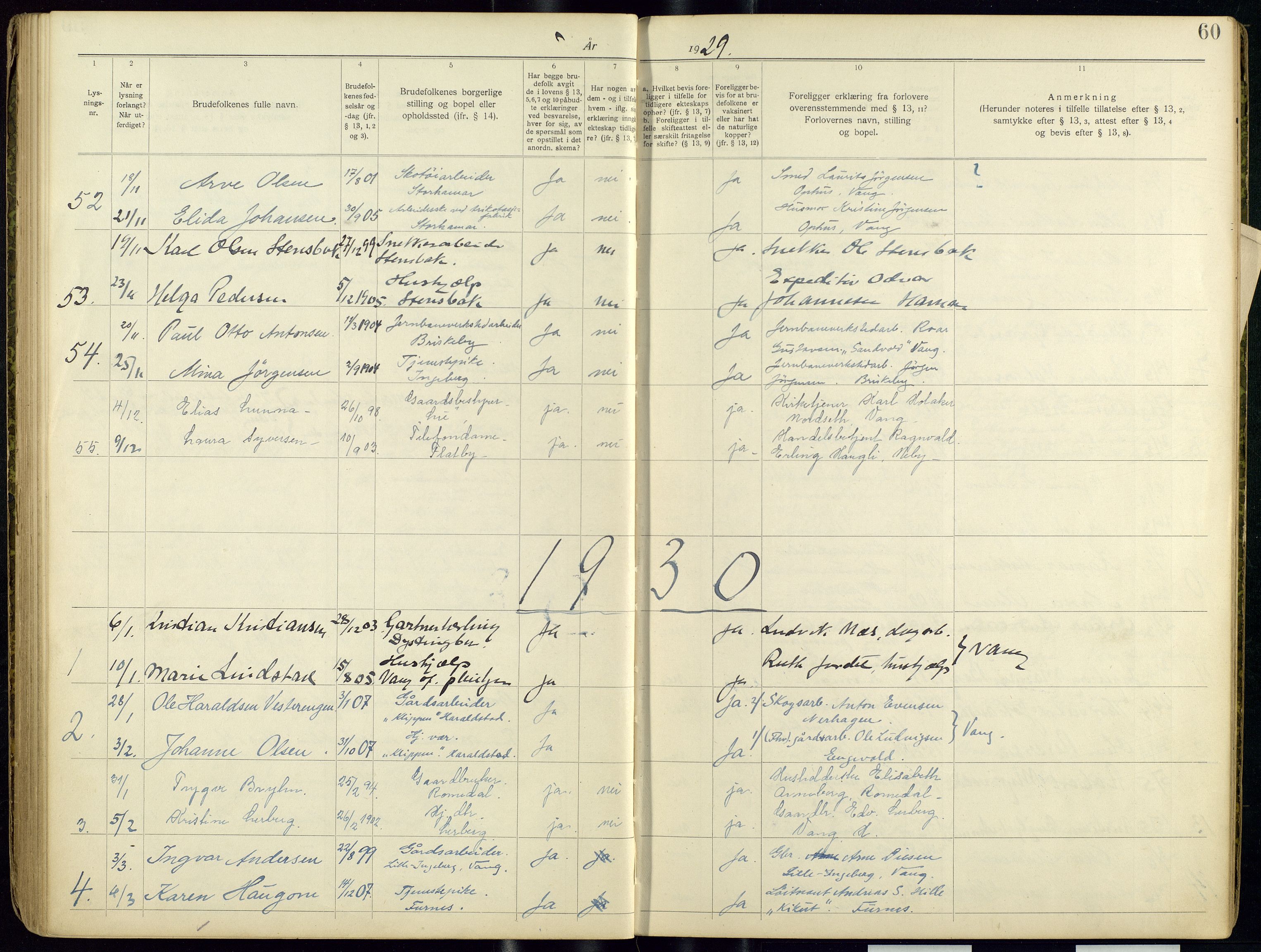 Vang prestekontor, Hedmark, SAH/PREST-008/I/Ie/L0001/0001: Banns register no. 1, 1919-1938, p. 60