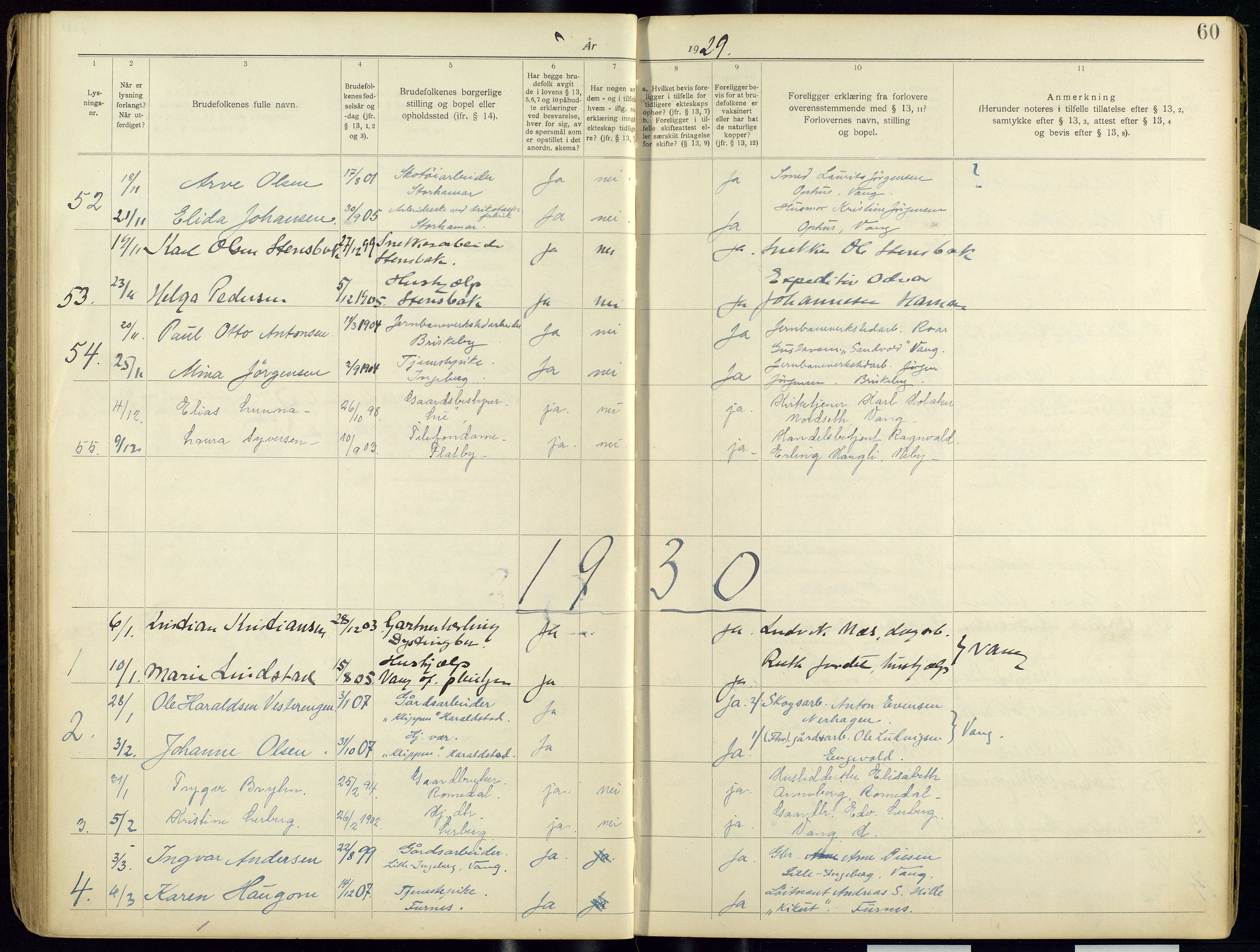 Vang prestekontor, Hedmark, AV/SAH-PREST-008/I/Ie/L0001/0001: Banns register no. 1, 1919-1938, p. 60