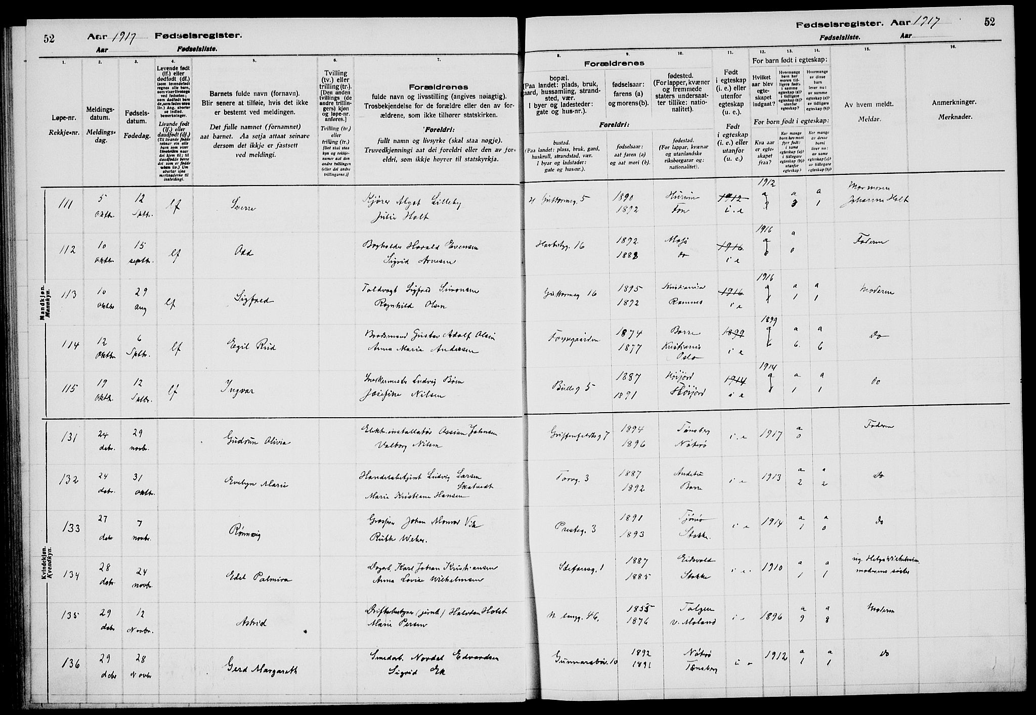 Tønsberg kirkebøker, SAKO/A-330/J/Ja/L0001: Birth register no. 1, 1916-1922, p. 52