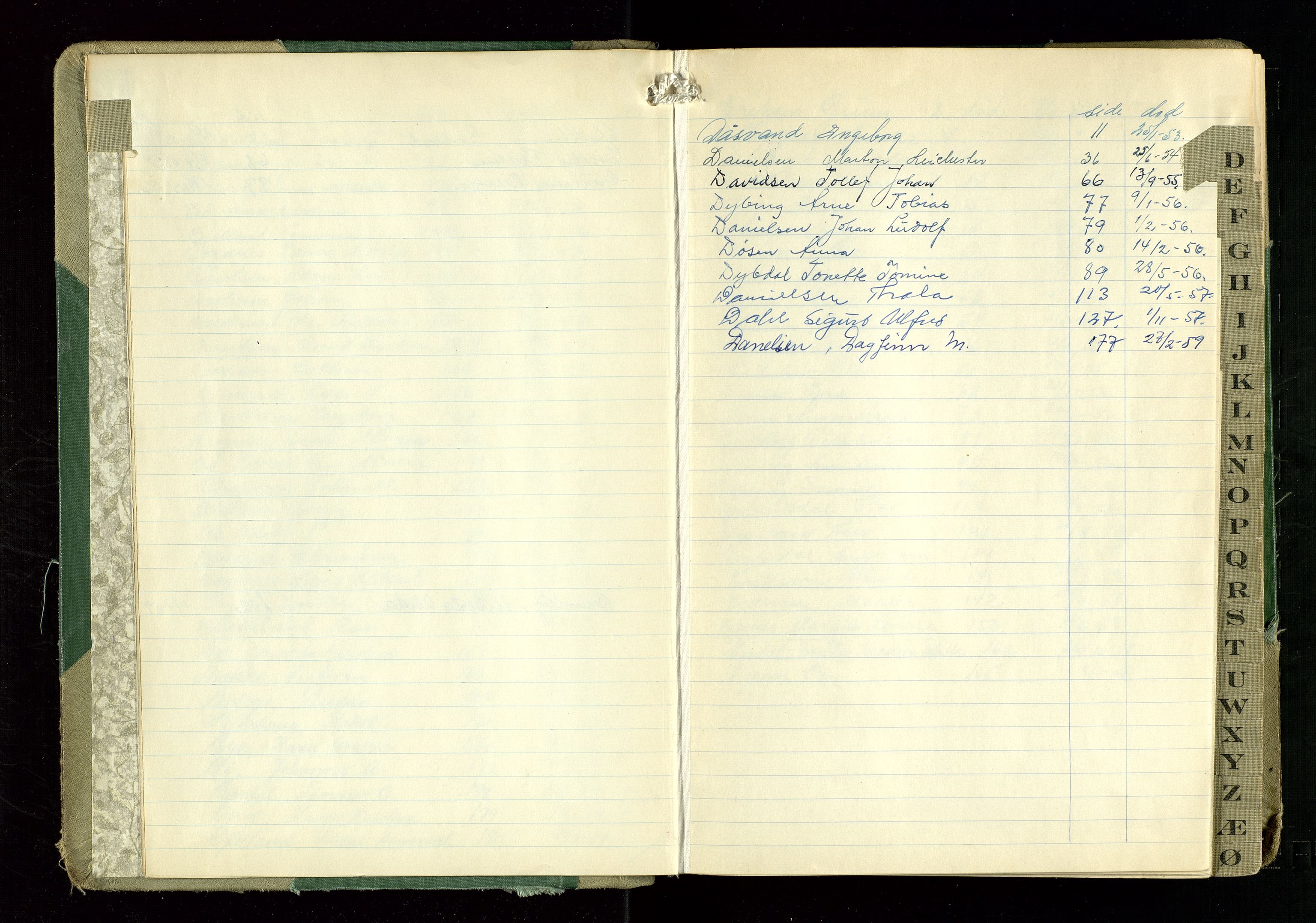 Hetland lensmannskontor, SAST/A-100101/Gga/L0006: "Protokoll over anmeldte dødsfall" (med alfabetisk navneregister), 1952-1959