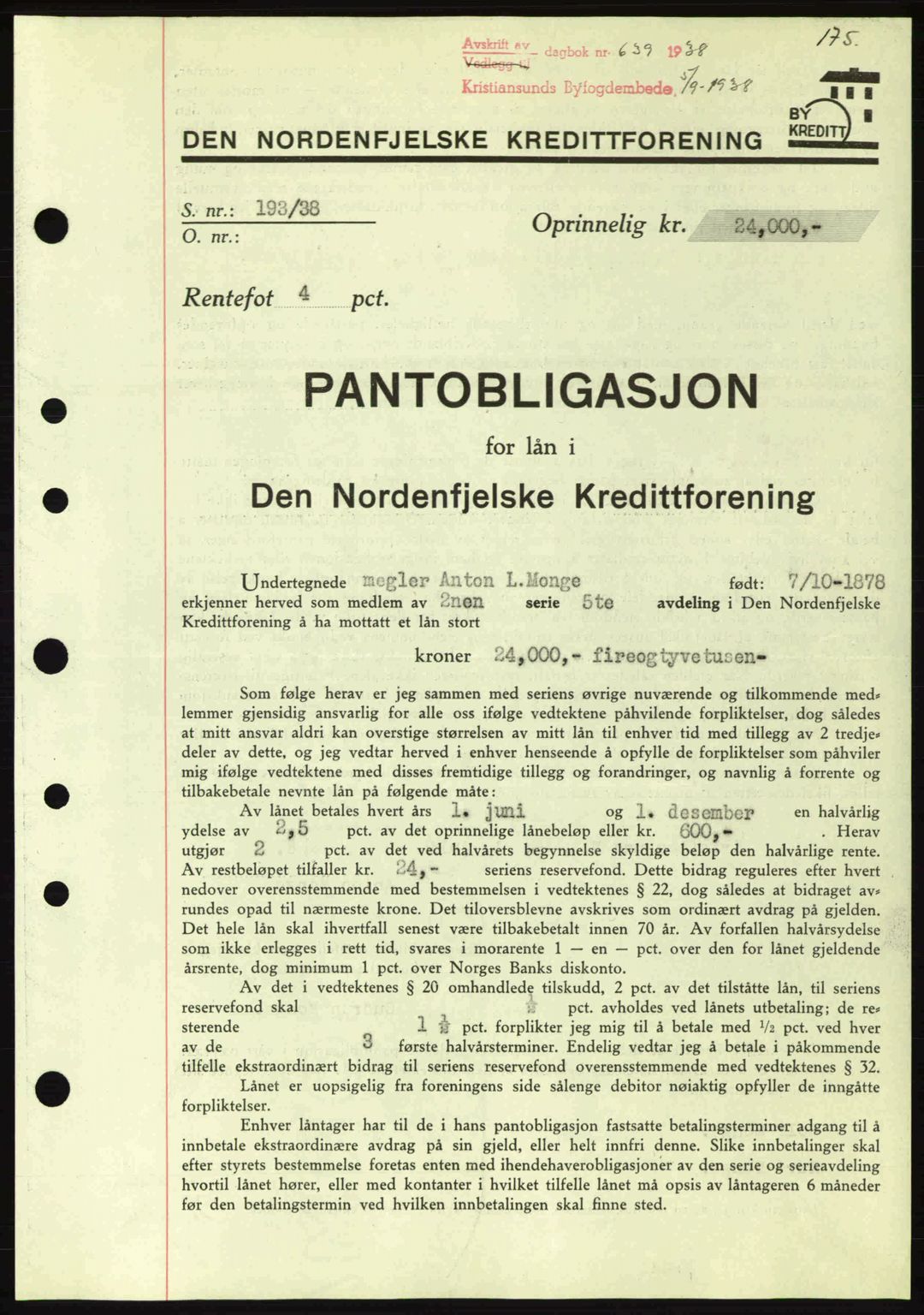 Kristiansund byfogd, SAT/A-4587/A/27: Mortgage book no. 31, 1938-1939, Diary no: : 639/1938