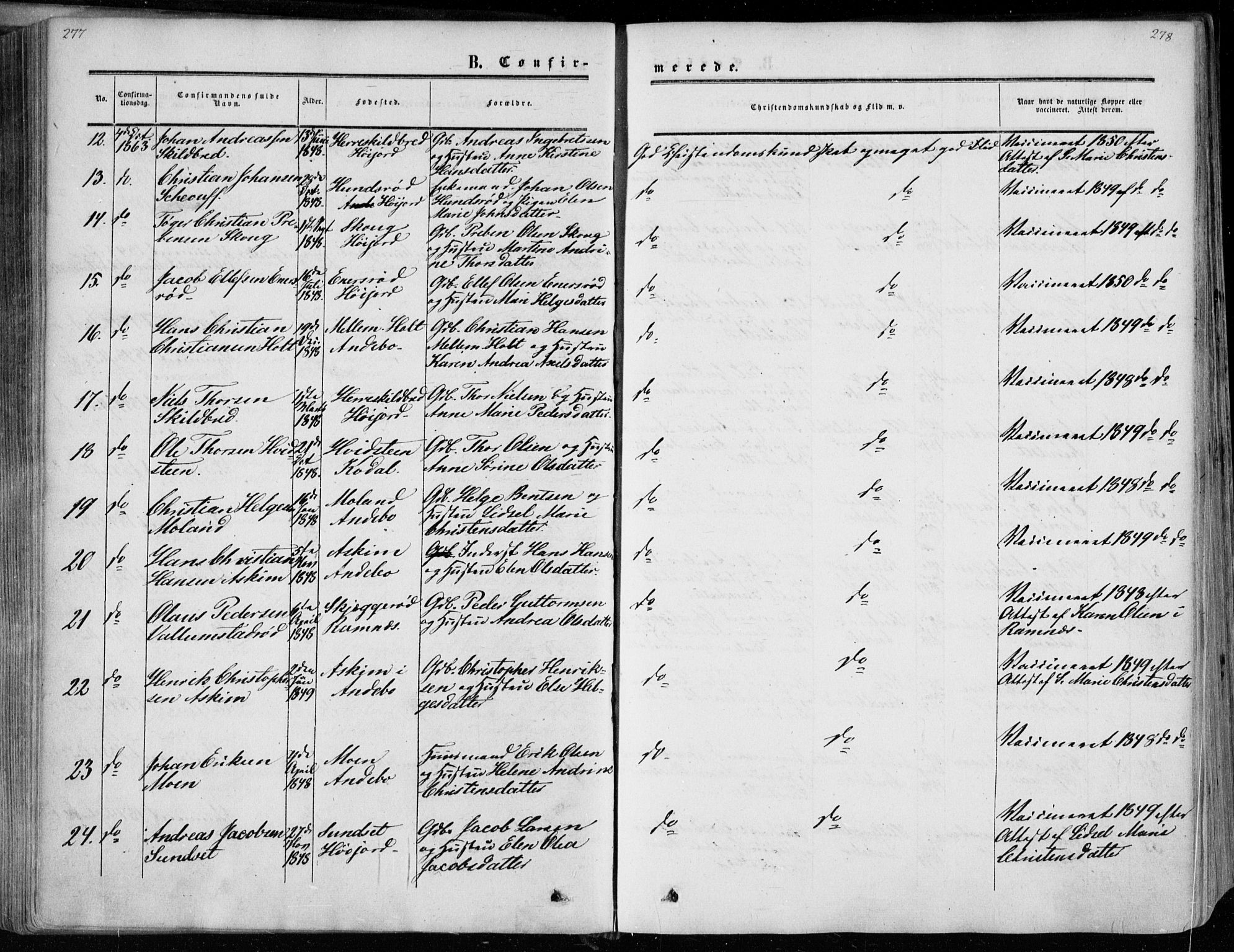 Andebu kirkebøker, AV/SAKO-A-336/F/Fa/L0005: Parish register (official) no. 5, 1857-1870, p. 277-278