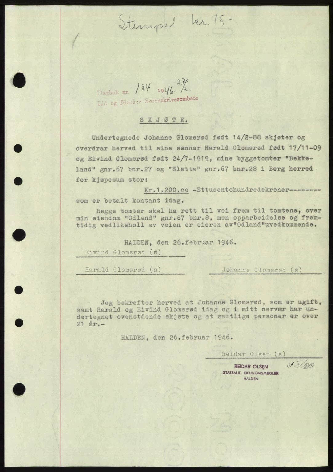 Idd og Marker sorenskriveri, AV/SAO-A-10283/G/Gb/Gbb/L0008: Mortgage book no. A8, 1946-1946, Diary no: : 184/1946