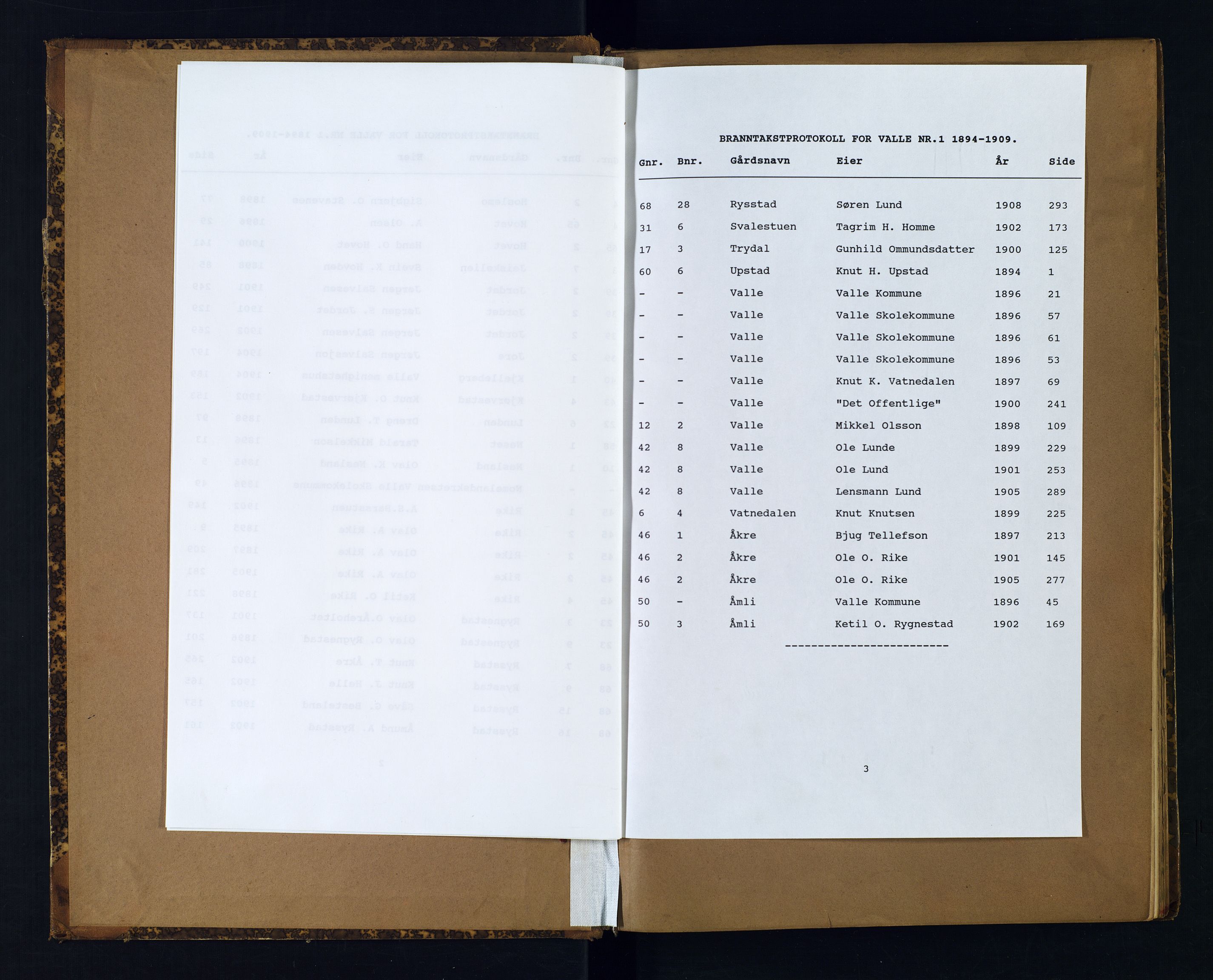 Norges Brannkasse Valle, AV/SAK-2241-0052/F/Fa/L0001: Branntakstprotokoll nr. 1 med gårdsnavnregister, 1894-1909